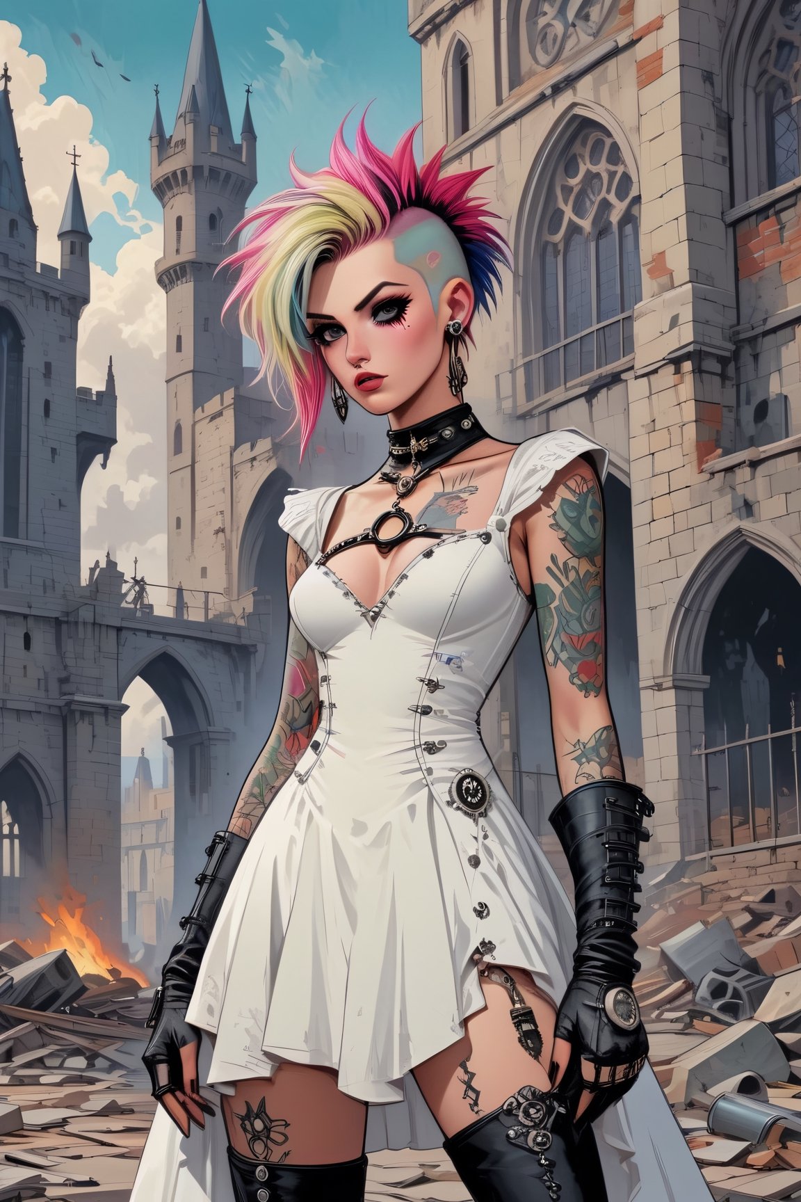 vintage comic book illustration of a portrait of a Punk Bride woman at a dystopian castle, wearing a white medieval bride dress, wearing black boots, with a ring in the nose, only one woman, pierced body, with crest of many colors punk style hair, tattooed  body, church in background, sexy body, detailed gorgeous face, Showing small breast under the suit, Full body, apocalyptic environment,  exquisite detail,  30-megapixel, 4k, Flat vector art, Vector illustration, Illustration, ,,,<lora:659095807385103906:1.0>,<lora:659095807385103906:1.0>