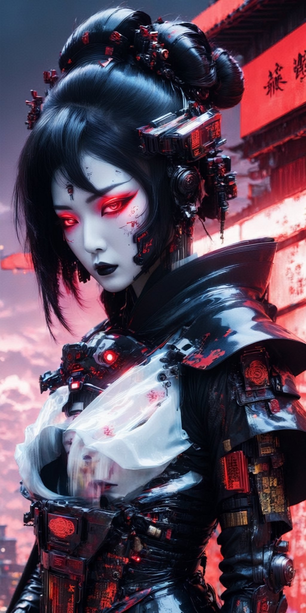 Generate a high-definition, world-class image featuring a lethal geisha cyborg assassin donning a hooded kimono and futuristic armor in a post-apocalyptic setting. The backdrop should depict a red-yellow-white sky, merging elements of neon horror, glitch-core, and dystopian sci-fi aesthetics. The composition should exhibit a blend of modern European ink painting and mixed media, creating a beautifully ominous and hauntingly beautiful scene. The cyborg should exude an androgynous, otherworldly allure, with a captivating fusion of black and neon cosmic art elements. The image should evoke a sense of analog horror, drawing inspiration from the Meiji era and space punk influences. This artwork should be a modern masterpiece, exceptionally unique and exquisite in its dark fantasy and apocalypse art style, reminiscent of calotype techniques, with a surreal touch of transparent nylon.