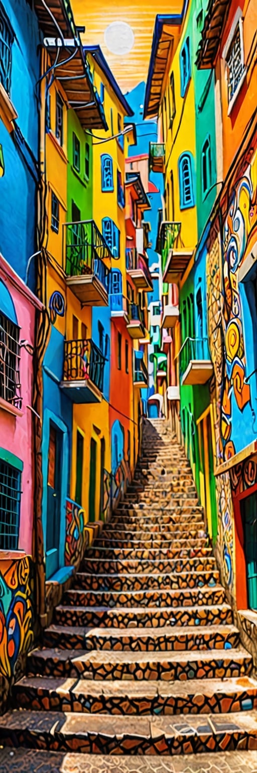 masterpiece, best quality, stair-art, stairs art, alleyway's exterior featuring a vivid representation of Rio de Janeiro favela,