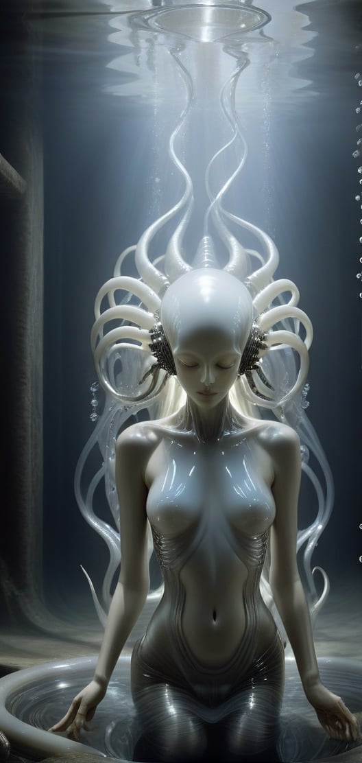 In Tim Walker's and hr giger's signature style,the captivating image showcases a singular ethereal and enigmatic abyssal biomechanoid alien in the fetal position, Enveleloped in a Oily glistening fluid, surrounded by strange biomechanical tubes and machinery. This fantastical being possess an otherworldly allure, their translucent skin shimmering with a soft bioluminescence, as if touched by moonlight. Their opalescent eyes gleam with a mesmerizing intensity, drawing viewers deeper into the enigmatic world captured in this exquisitely photographed image. 