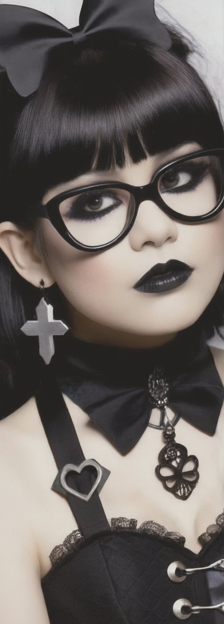 1girl, Velma Dinkley as a Catholicpunk cute goth girl in a fusion of Japanese-inspired Gothic punk fashion, glasses, skulls, goth. Huge cleavage, 
 black gloves, tight corset, black tie, incorporating traditional Japanese motifs and punk-inspired details,Emphasize the unique synthesis of styles, flowers, butterflies, score_9, score_8_up ,heavy makeup, earrings, Lolita Fashion Clothes, kawaii, hearts ,emo, kawaiitech, dollskill,chibi, score_7_up,Eyes