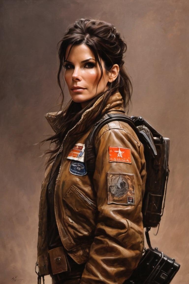 (portrait of Sandra Bullock wearing old futuristic flight jacket, scars, scrap metal, radio, scarf, 1970s), in the style of Frank Frazetta, Arther Rackham, Dean Cornwell, pulp, volumetric lighting, dramatic lighting, pulp science fiction, black, smoke, belt, backpack, warm colors