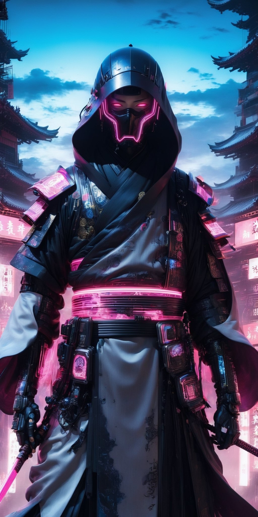 Generate a high-definition, world-class image featuring a cyborg Taoist monk assassin donning a hooded kimono and futuristic Kendo armor in a post-apocalyptic setting. The backdrop should depict a blue-yellow-white sky, merging elements of neon horror, glitch-core, and dystopian sci-fi aesthetics. The composition should exhibit a blend of modern European ink painting and mixed media, creating a beautifully ominous and hauntingly beautiful scene. The cyborg should exude an androgynous, otherworldly allure, with a captivating fusion of black and neon cosmic art elements. The image should evoke a sense of analog horror, drawing inspiration from the Meiji era and space punk influences. This artwork should be a modern masterpiece, exceptionally unique and exquisite in its dark fantasy and apocalypse art style, reminiscent of calotype techniques, with a surreal touch of transparent fluorescent pink nylon.