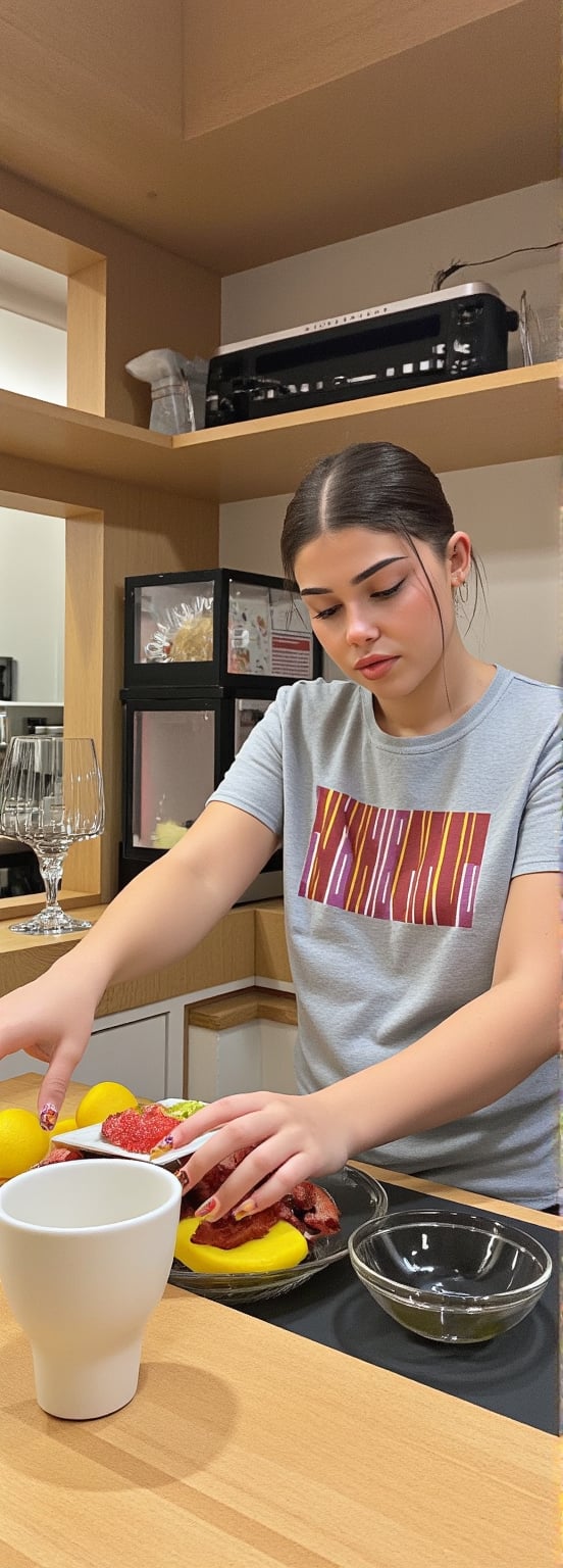 she is wearing her boyfriend's shirt early in the morning while preparing breakfast 