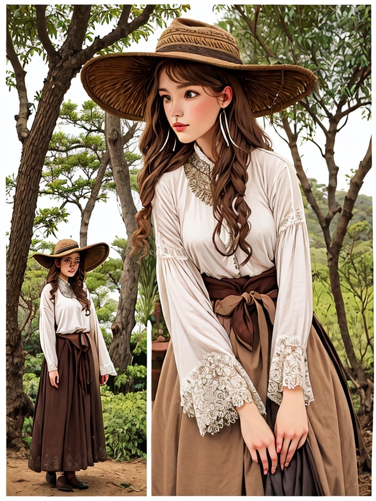 Inthe style of Milo Manara, a detailed portrait of Beautiful Argentina traditional gaucho girl shot, intricately detailed silver alpaca accesories, brown hat, full body, long brown hair, on a Buenos Aires Pampa's outdoor, ombu tree in the backgroud