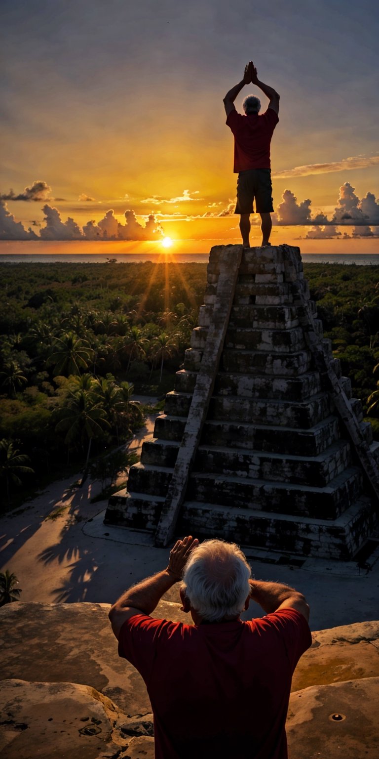 A old Mexican chamán is praying with his arms extended towards the sunrise, a new year has come bringing hope, love, and new dreams. The scene happens at the top of a Mayan pyramid in Cancun, the sun is coming out of the Caribbean Sea, welcome 2024