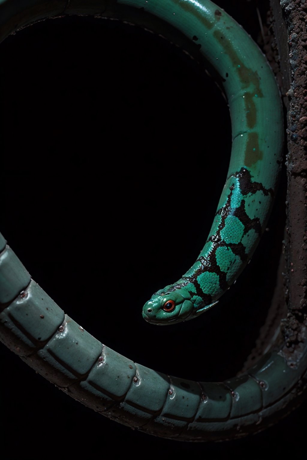 A slimy cobra snake with bio-luminescence hairs, moves through the moldy surface of a New York sewer line emitting electrical charges through its skin. Dimmed lights.