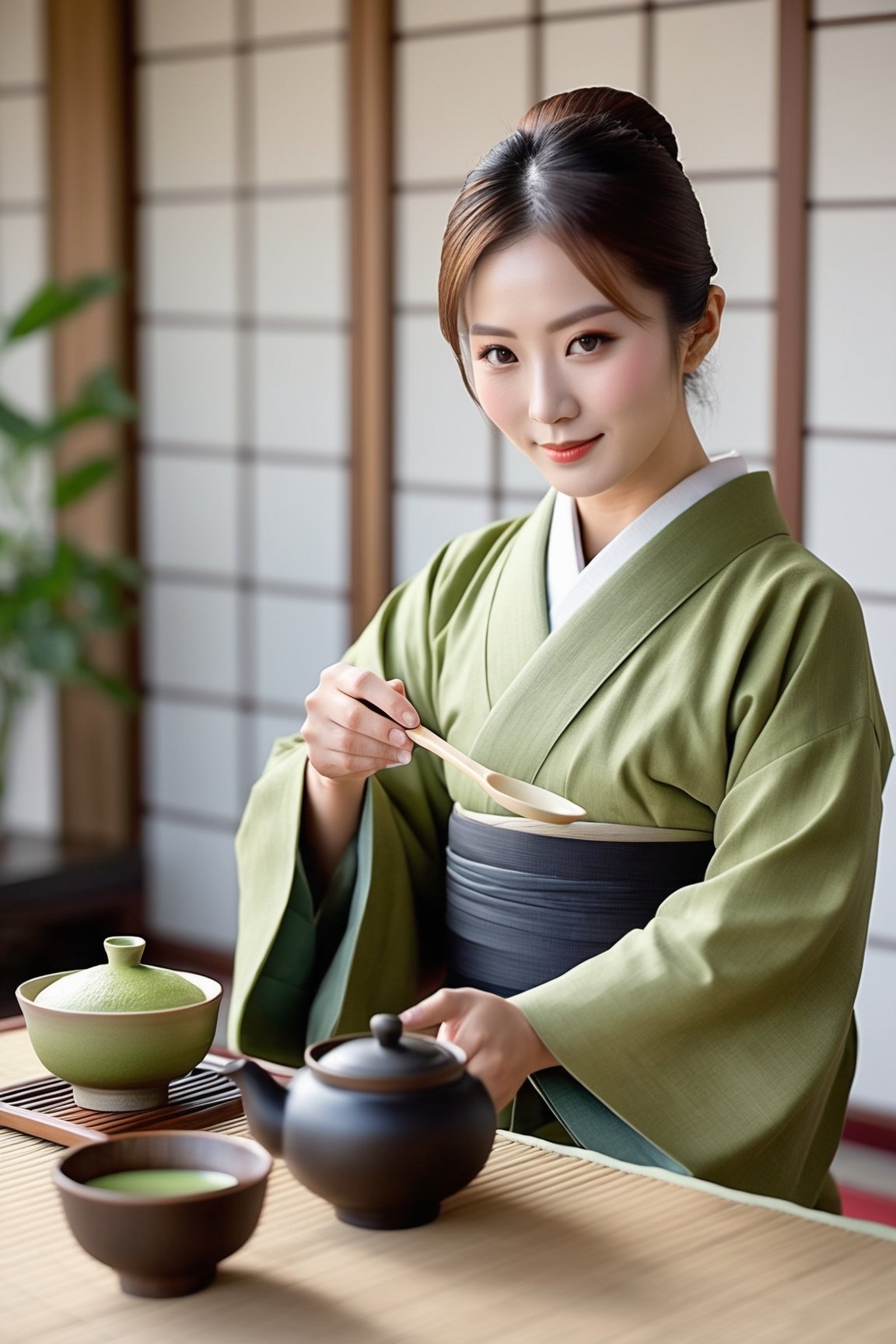 Generate a full body photo of the most honored master of tea ceremony in Japan serving matcha, inspired by Yuma Asami, sharp-focus, highly detailed, masterpiece, photorealistic