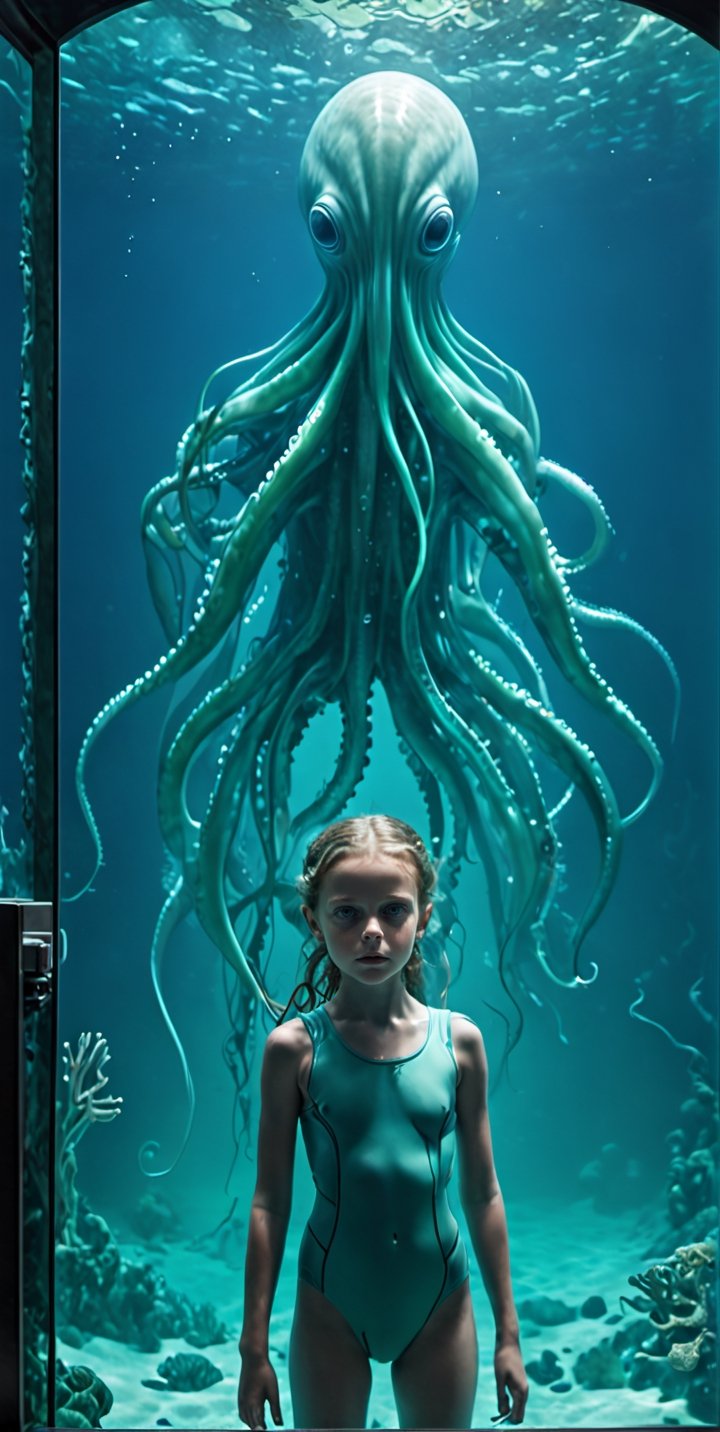 through the transparent barrier of an underwater observation pod, a terrified young girl gazes wide-eyed at the colossal figure of alien-like-woman. The glass wall magnifies the immense alien size, highlighting its  white figure and its cold, eyes fixed on the small human. The girl's fear is palpable, her small frame contrasted against the overwhelming might of the A beautiful  futuristic anthropomorphic squid-like-woman outside, splash art, fractal art, colorful, a winner photo award, detailed photo, Arnold render, 16K, cyborg style, bio-punk style. The underwater scene is enveloped in an eerie blue-green glow, illuminated by the pod's artificial lighting. This tense and dramatic moment is captured as a hauntingly realistic photograph, taken with a telephoto lens that captures both the intricate details of the alien's features and the raw emotion etched across the girl's face, Movie Still