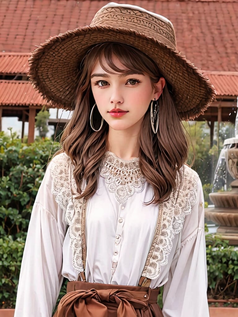 Inthe style of Milo Manara, a detailed portrait of Beautiful Argentina traditional gaucho girl shot, intricately detailed silver alpaca accesories, brown hat, full body, long brown hair, at a small town plaza fountain