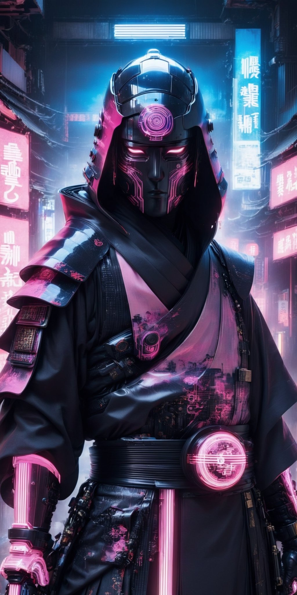 Generate a high-definition, world-class portrait featuring a cyborg Taoist monk assassin donning a hooded kimono and futuristic Kendo armor in a post-apocalyptic setting. The kendo mask has a modern target display, the backdrop should depict a blue-yellow-white sky, merging elements of neon horror, glitch-core, and dystopian sci-fi aesthetics. The composition should exhibit a blend of modern European ink painting and mixed media, creating a beautifully ominous and hauntingly beautiful scene. The cyborg should exude an androgynous, otherworldly allure, with a captivating fusion of black and neon cosmic art elements. The image should evoke a sense of analog horror, drawing inspiration from the Meiji era and space punk influences. This artwork should be a modern masterpiece, exceptionally unique and exquisite in its dark fantasy and apocalypse art style, reminiscent of calotype techniques, with a surreal touch of transparent fluorescent pink nylon.