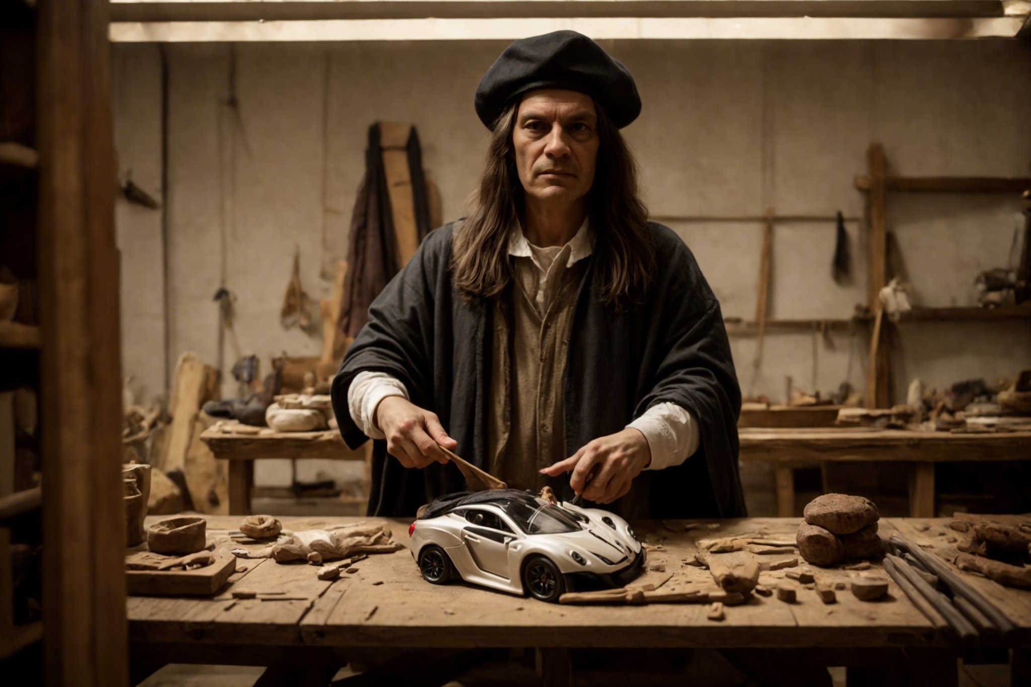 Create a captivating image portraying ((Leonardo da Vinci)) making a ((Pagani Zonda concept  car)) with wood and clay at his assembly atelier in Florence. Renaissance-style clothing from Leonardo da Vinci's era. This includes a doublet, high-collar shirt, colorful hose, codpiece, cloak, beret with feather, and leather shoes. Ensure historical accuracy and attention to clothing details. Renaissance ambient illuminated by candles. Deliver the image in the style of a movie still, with RAW photo format, full sharpness, and intricate facial details (highly detailed skin: 1.2). Ensure an 8k UHD resolution, shot with a DSLR and featuring soft lighting for a high-quality appearance. Incorporate a subtle film grain effect reminiscent of Fuji-film XT3s cameras, mature, wide angle