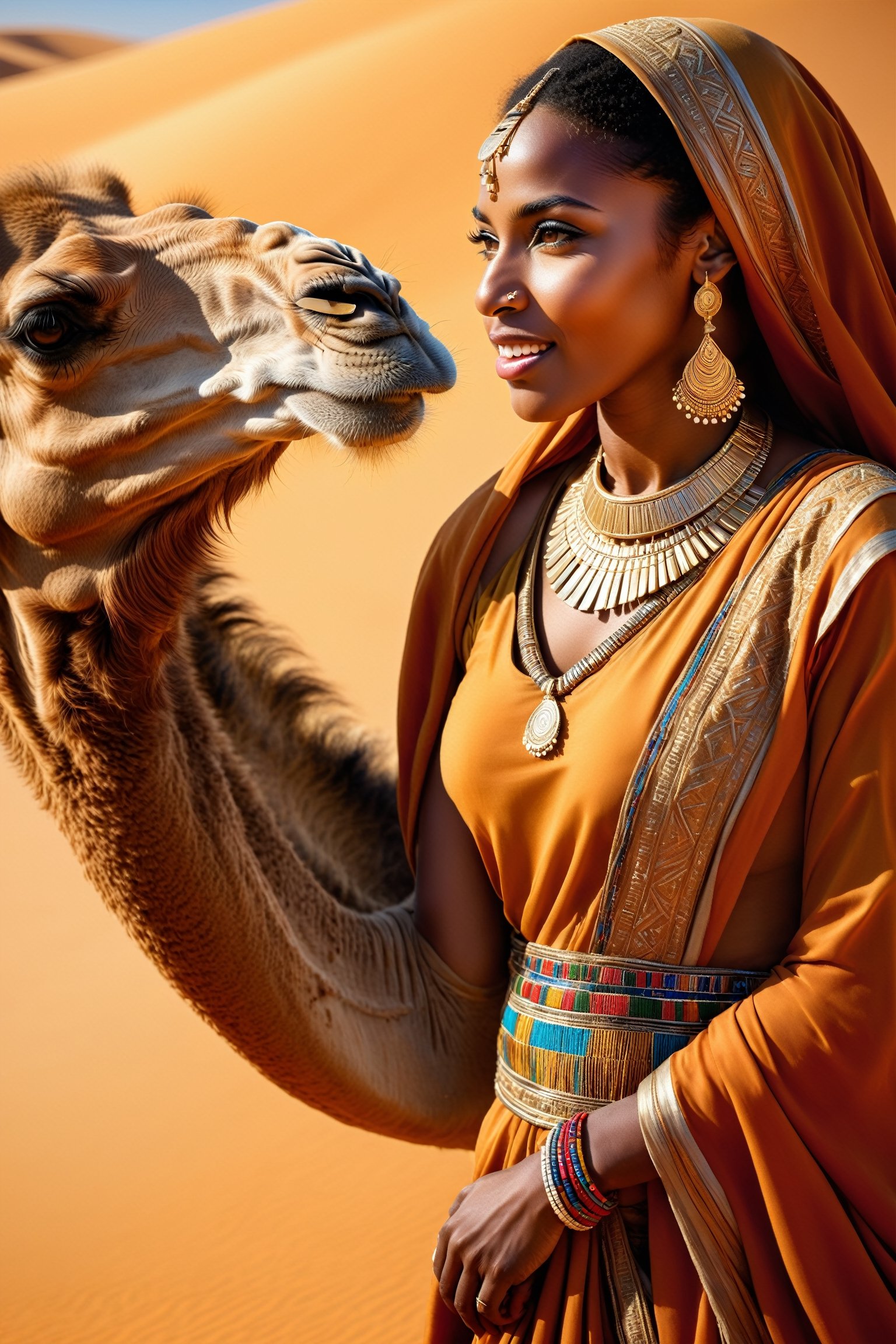 Expertly captured candid image, 
artistic masterpiece, 
meticulously detailed, 
exceptionally realistic, 
aesthetically pleasing, 
illuminated with cinematic lighting. 
Intricately depicted features, 
crisp and focused, 
featuring a Sahara desert camel gazing at a stylish African woman adorned in Sahrawis attire, 
elevating the joyful essence of the genuine photograph. 