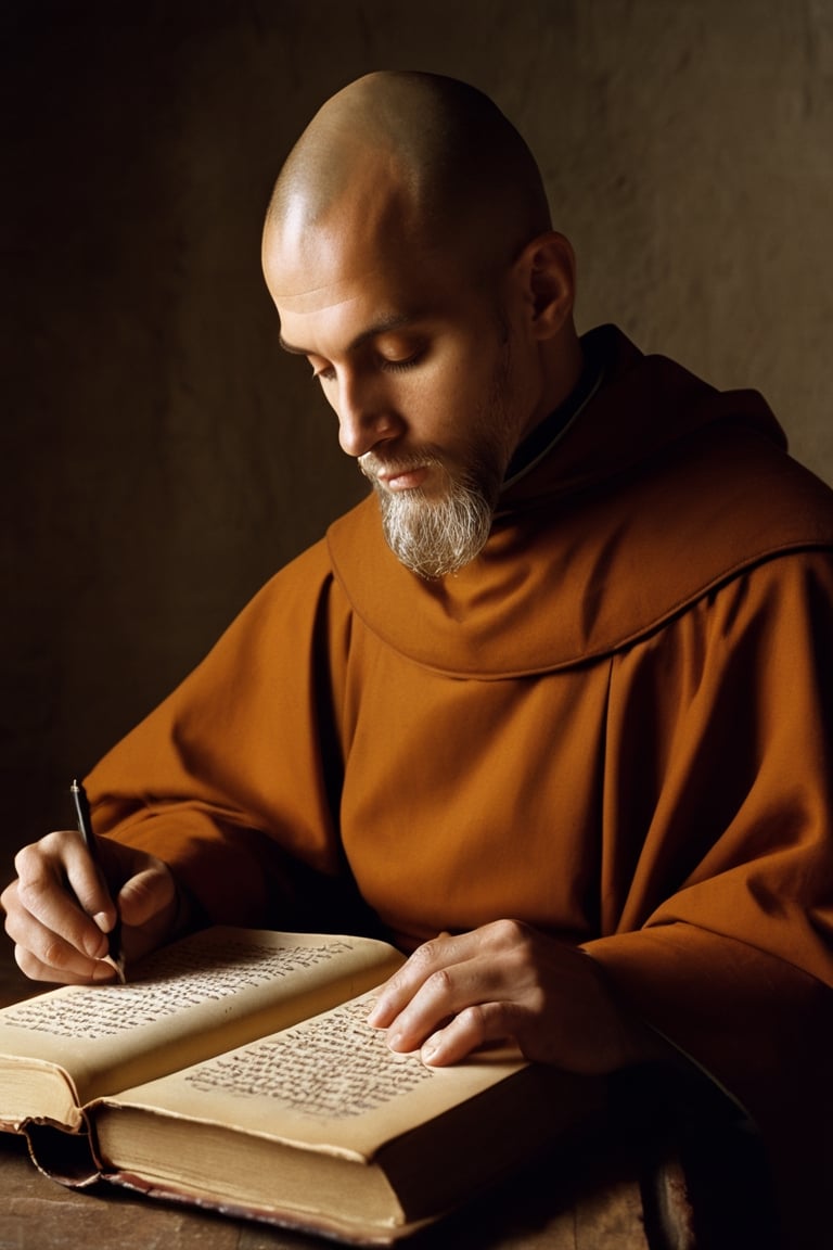 Detailed portrait of a Medieval Monk translating books shot, on Hasselblad 501c three point lighting Sci-Fi atmosphere,