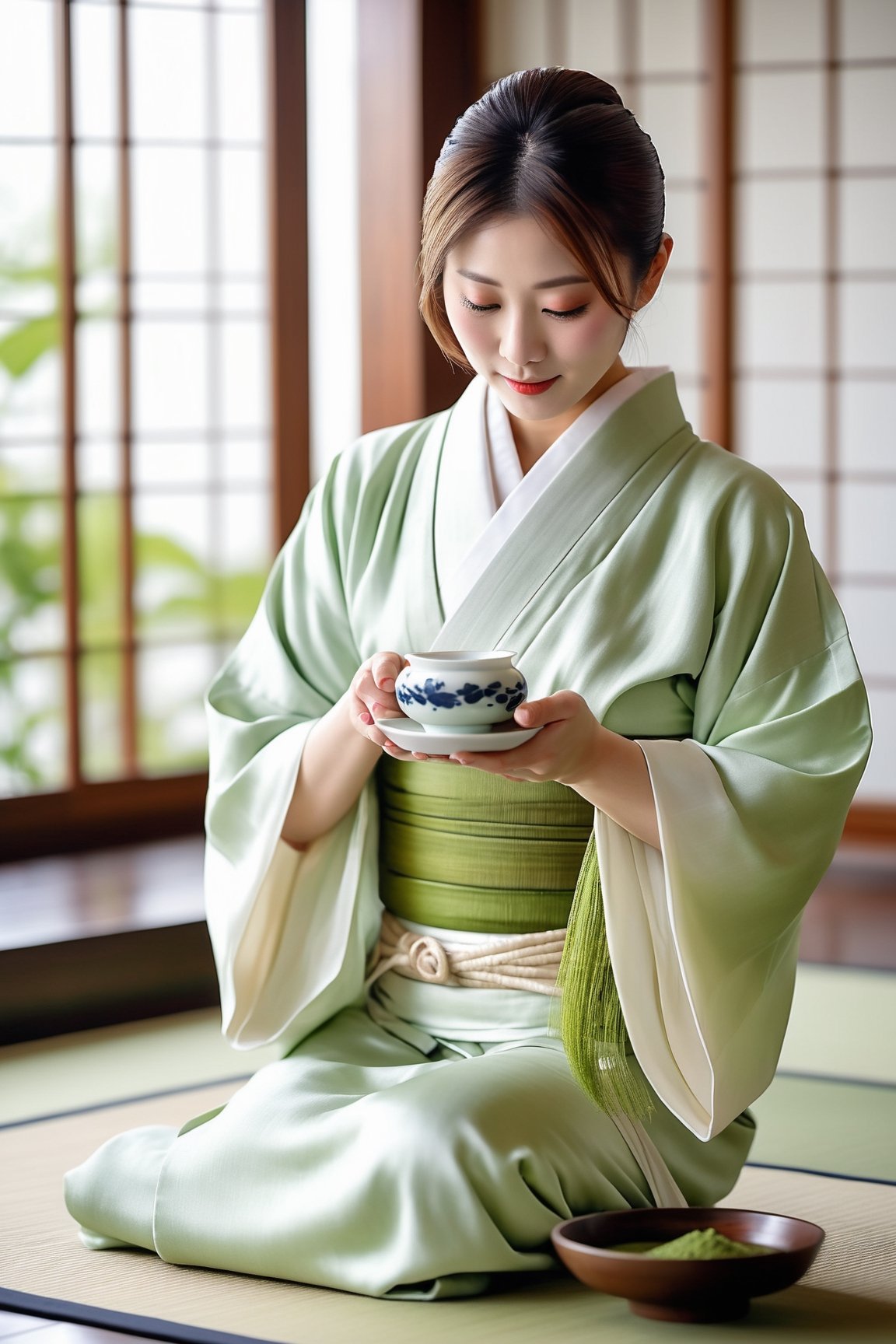 Generate a full body photo of the tea ceremony in Japan serving matcha, inspired by Yuma Asami, sharp-focus, highly detailed, masterpiece, photorealistic, background of traditional tea house, wearing a white translucent silk kimono only