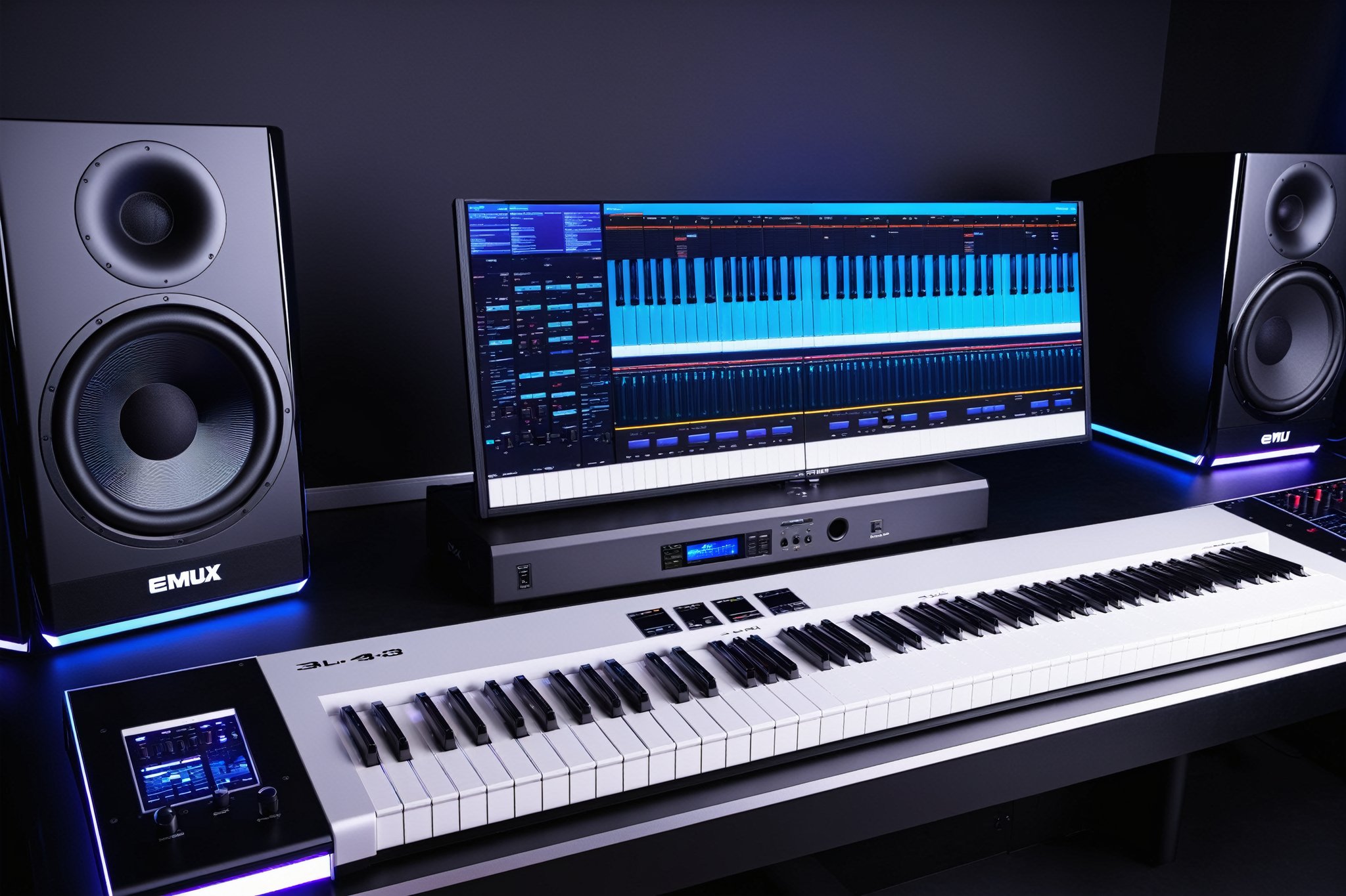 photo r3al, photorealistic, masterpiece, hyperdetailed photography of a 88 keys E-MU EMAX 2023 concept synthesizer, 3 monitors screens to display the plugins and visualize the music, ultrarealistic piano keyboard, recording studio atmosphere,best quality, 8k UHD, 8k, ultra quality, ultra detailed, LED lights,photo r3al