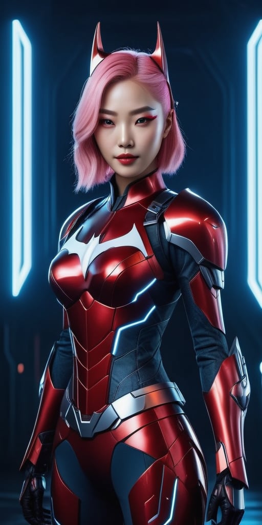 A futuristic cyberpunk scene: a stunning Korean beauty, dressed in a radiant red Batgirl-inspired mecha suit with a sleek design and sparkling details, stands confidently with her sword held high. Her pure white-pink hair flows like flames as she gazes directly at the viewer with an alluring smile. Her blue eyes sparkle under the perfect lighting, highlighting her cute and elegant features. She wears futuristic AI VR glasses, adding to her cyberpunk allure. The overall image is a breathtaking 8K masterpiece, showcasing her beauty and strength in high resolution.