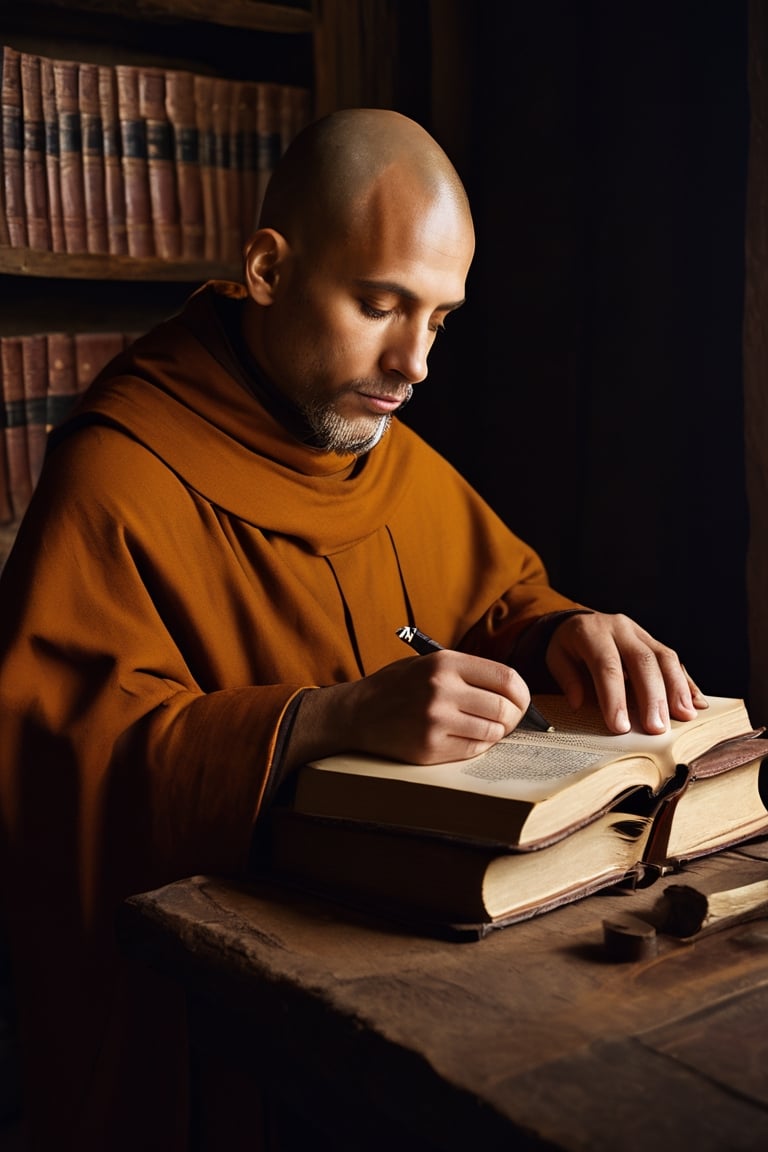 Detailed portrait of a Medieval Monk translating books shot, on Hasselblad 501c three point lighting Sci-Fi atmosphere,