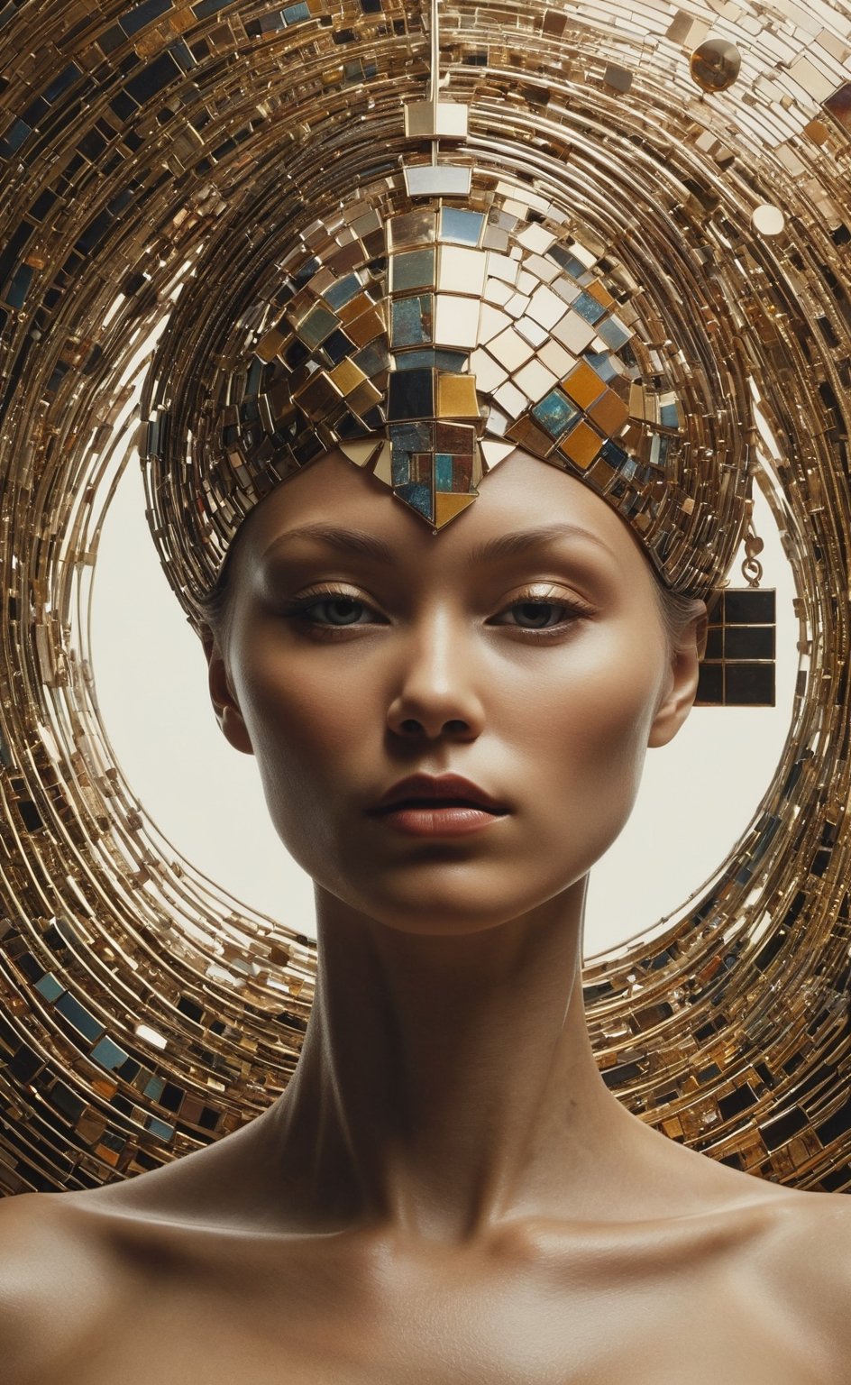 The human head consists of simple geometric shapes,square shapes,round form,spherical body、square shapes,Graphic illustration,closeup cleavage,In fantastic installation style,Realistic and imaginative,hang/hang,Multi-layered collage,metals、highlight,Radial,aw0k magnstyle