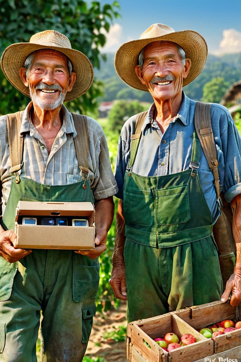 Generate a portrait photo of two old farmers, one carrying a box of ((iPhones)), and the other old farmer carrying a box of apples, smiling, in summer, detailed background, beautiful detailed eyes, highly detailed, masterpiece, to transmit the message "What is more important, nature or technology?", photorealistic,nature, contrst between the two boxes, 