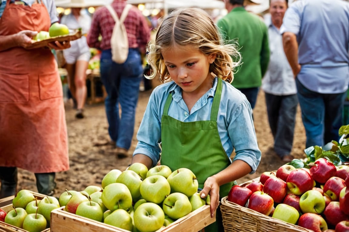 Craft an evocative image that tells the story of a curious child at a vibrant farmers' market, eagerly offering their shiny iPhone to a vendor in exchange for a pristine, mouthwatering apple. The scene should capture the anticipation and wonder on the child's face, the bemusement of the vendor, and the intrigue of the surrounding market-goers as they witness this unexpected barter, masterpiece, photorealistic,nature