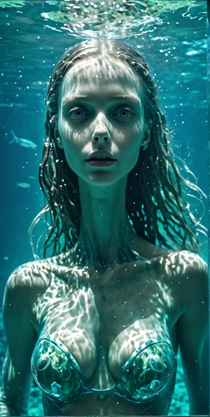 through the transparent thick glass barrier of an underwater observation pod, a terrified young girl gazes wide-eyed at the colossal figure of an beautiful sexy deep sea translucent glow alien-woman. The glass wall magnifies the immense sexy alien size, highlighting its  white figure and it's eyes fixed on the small young human girl. They are looking to each other. The girl's fear is palpable, her small frame contrasted against the overwhelming might of the A exuberant beautiful  futuristic anthropomorphic alien woman outside, splash art, fractal art, colorful, a winner photo award, detailed photo, Arnold render, 16K, cyborg style, bio-punk style. The underwater scene is enveloped in an eerie blue-green glow, illuminated by the pod's artificial lighting. This tense and dramatic moment is captured as a hauntingly realistic photograph, taken with a telephoto lens that captures both the intricate details of the alien's features and the raw emotion etched across the girl's face, Movie Still