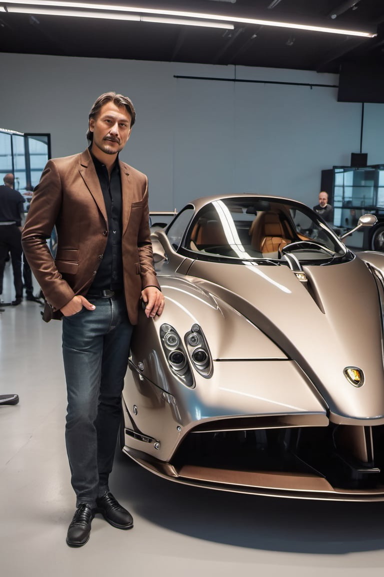 Create an engaging image of Leonardo da Vinci in Renaissance attire at a modern Pagani Zonda car assembly. Show him inspecting the vehicle and conversing with contemporary engineers, blending Renaissance genius with modern technology. Produce a movie still-style image in RAW format with full sharpness, detailed facial features (skin: 1.2), and a subtle film grain effect, resembling Fuji-film XT3s cameras. Ensure a high-quality 8k UHD resolution, taken with a DSLR in soft lighting