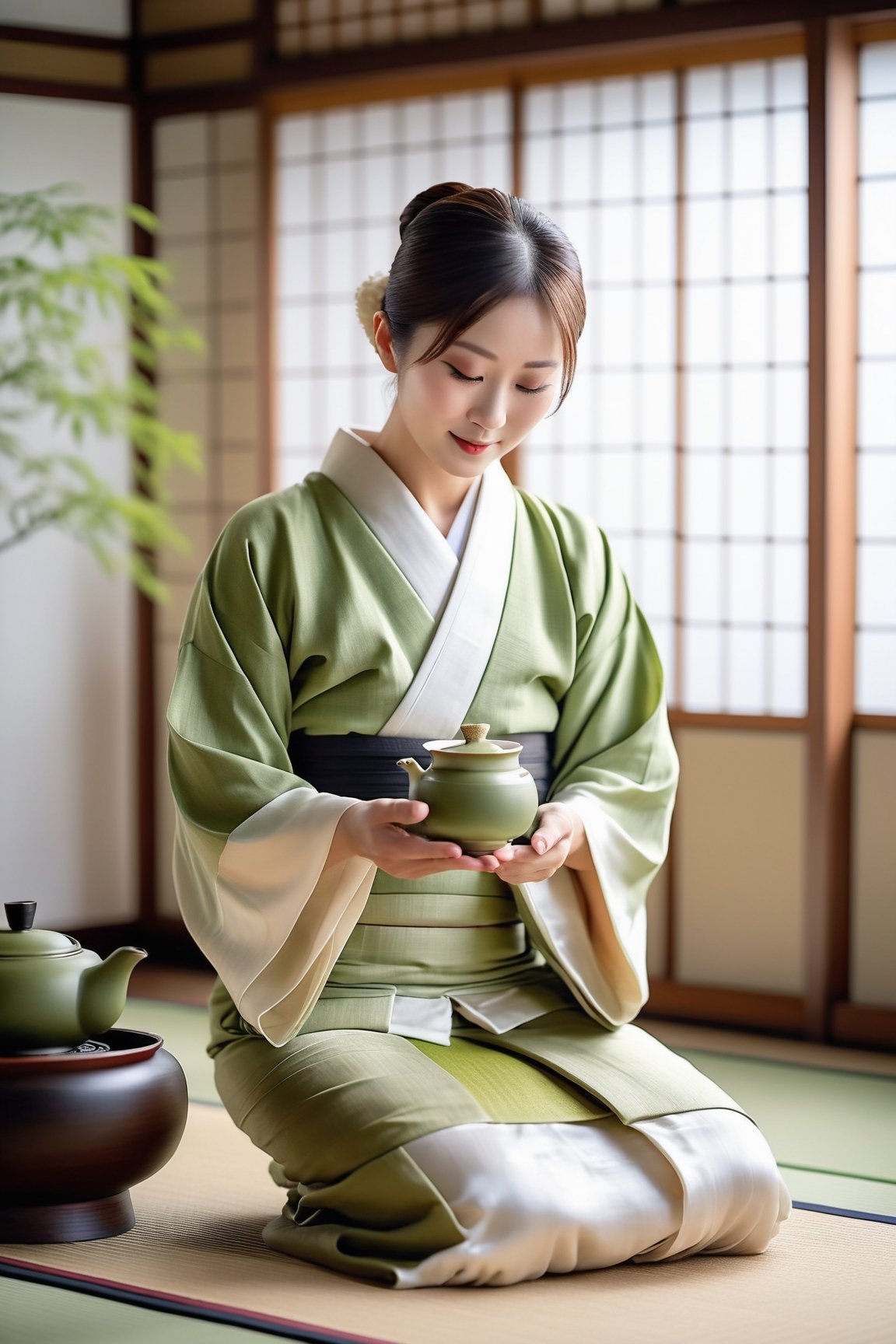 Generate a full body photo of the master of traditional tea ceremony in Japan serving matcha, inspired by Yuma Asami, sharp-focus, highly detailed, masterpiece, photorealistic, background of traditional tea house, wearing a white translucent silk kimono only