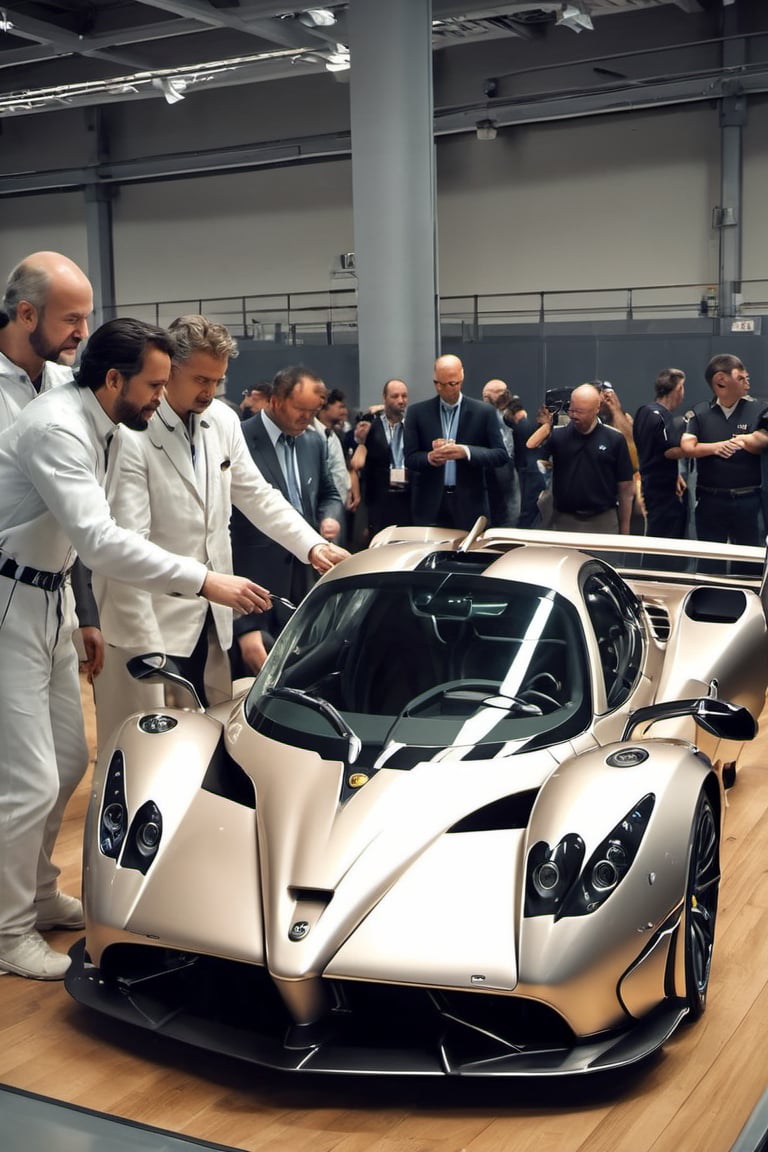 Make a picture of Leonardo da Vinci in Renaissance clothing at a modern Pagani Zonda car assembly. Show him checking the car and talking to the engineers. Create a movie still-style image in high quality with detailed facial features (skin: 1.2) and a subtle film grain effect, like Fuji-film XT3s cameras. Use soft lighting and an 8k UHD resolution shot with a DSLR