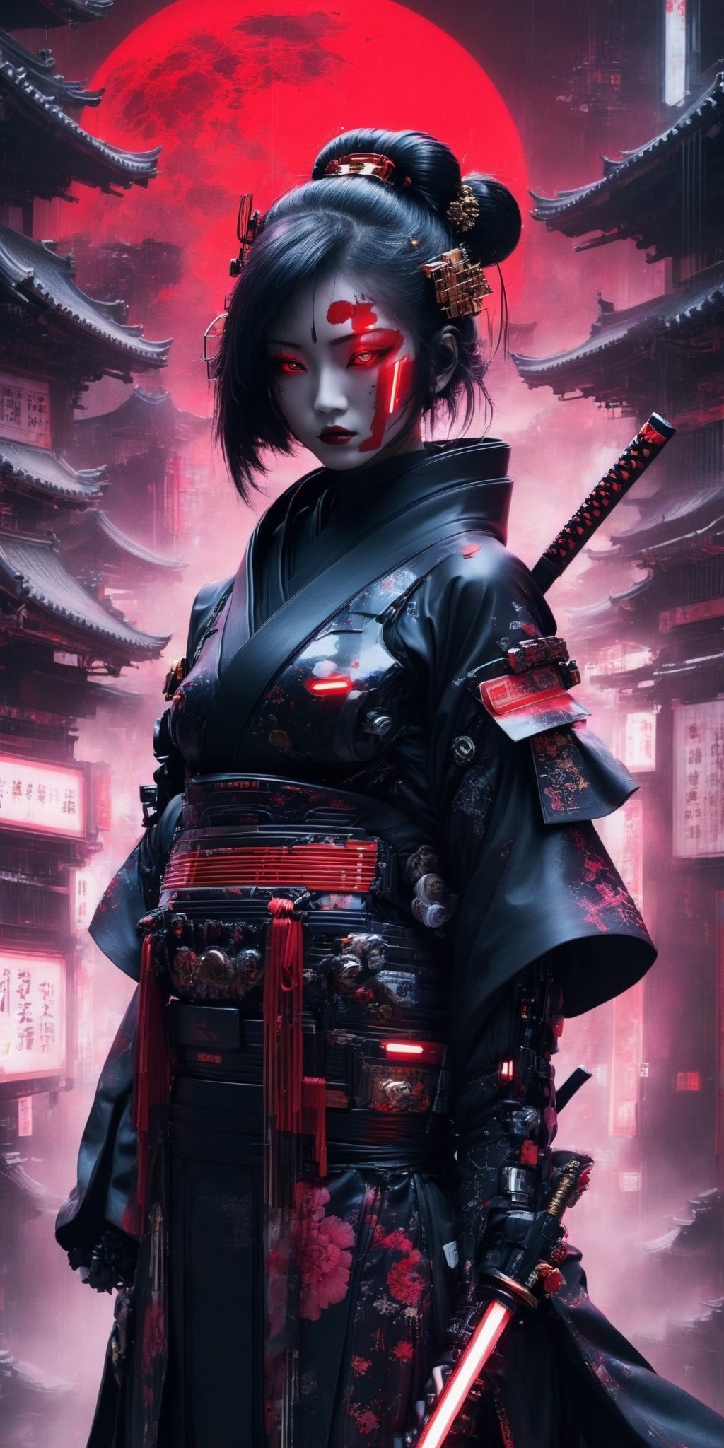 Generate a high-definition, world-class image featuring a lethal geisha cyborg assassin donning a hooded kimono and futuristic Kendo armor in a post-apocalyptic setting. The backdrop should depict a red-yellow-white sky, merging elements of neon horror, glitch-core, and dystopian sci-fi aesthetics. The composition should exhibit a blend of modern European ink painting and mixed media, creating a beautifully ominous and hauntingly beautiful scene. The cyborg should exude an androgynous, otherworldly allure, with a captivating fusion of black and neon cosmic art elements. The image should evoke a sense of analog horror, drawing inspiration from the Meiji era and space punk influences. This artwork should be a modern masterpiece, exceptionally unique and exquisite in its dark fantasy and apocalypse art style, reminiscent of calotype techniques, with a surreal touch of transparent nylon.