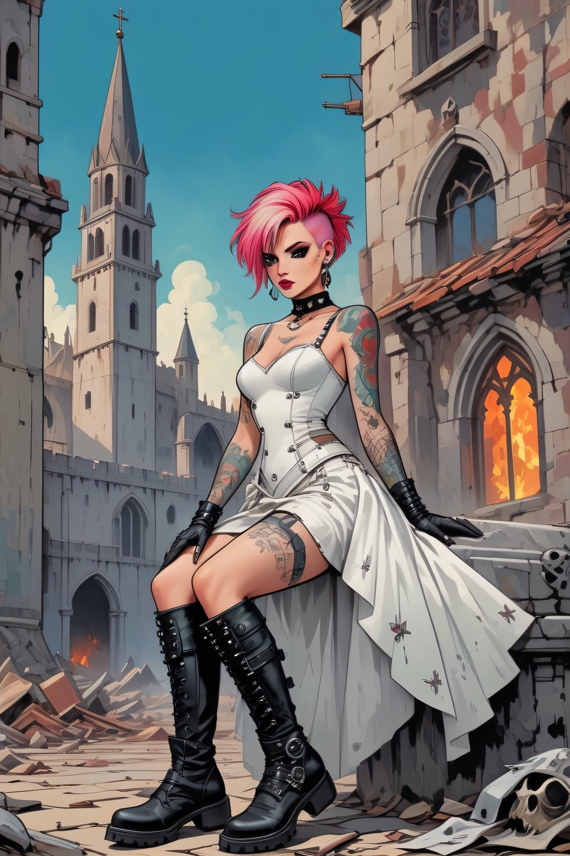 vintage comic book illustration of a portrait of a Punk Bride woman at a dystopian castle, wearing a white medieval bride dress, wearing black boots, with a ring in the nose, only one woman, pierced body, with crest of many colors punk style hair, tattooed  body, church in background, sexy body, detailed gorgeous face, Showing small breast under the suit, Full body, apocalyptic environment,  exquisite detail,  30-megapixel, 4k, Flat vector art, Vector illustration, Illustration, ,,,<lora:659095807385103906:1.0>,<lora:659095807385103906:1.0>