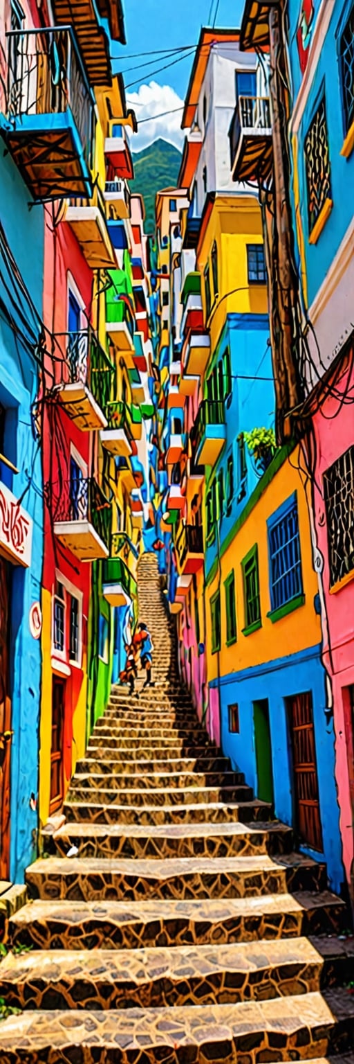 masterpiece, best quality, stair-art, stairs art, alleyway's exterior featuring a vivid representation of Rio de Janeiro favela,