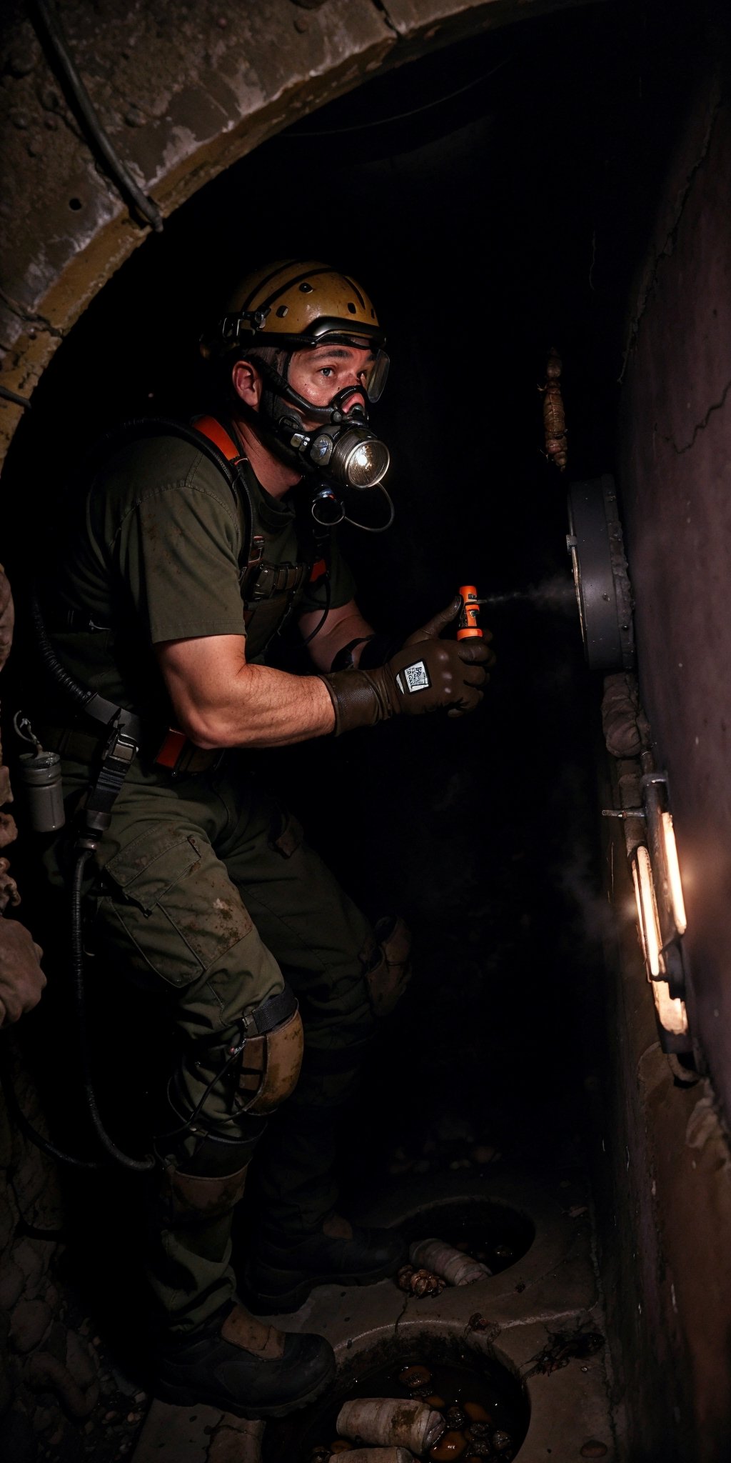 A County worker at Los Angeles Sewer line, using a Self Contained breathing apparatus, harnessed, hard hard, googles, gloves,  radio to communicate, flashlights, descending trough a sewer manhole into a giant vault, humid, water vapor, mold, dim lights, (((rats, cockroaches, feces)))