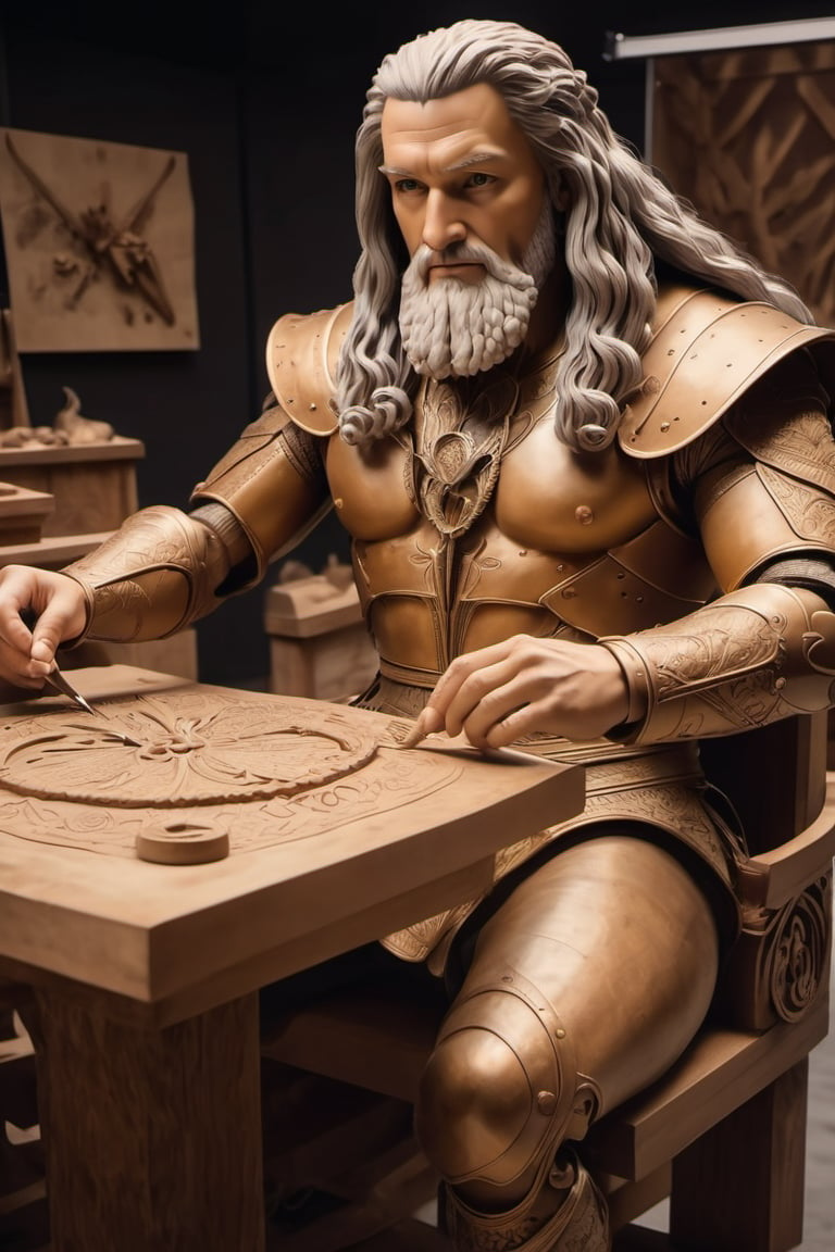 Create an image of Leonardo da Vinci in old Renaissance attire at his atelier designing a 2023 concept super-car in clay. Produce a movie still-style image in RAW format with full sharpness, detailed facial features (skin: 1.2), and a subtle film grain effect, resembling Fuji-film XT3s cameras. Ensure a high-quality 8k UHD resolution, taken with a DSLR in soft lighting