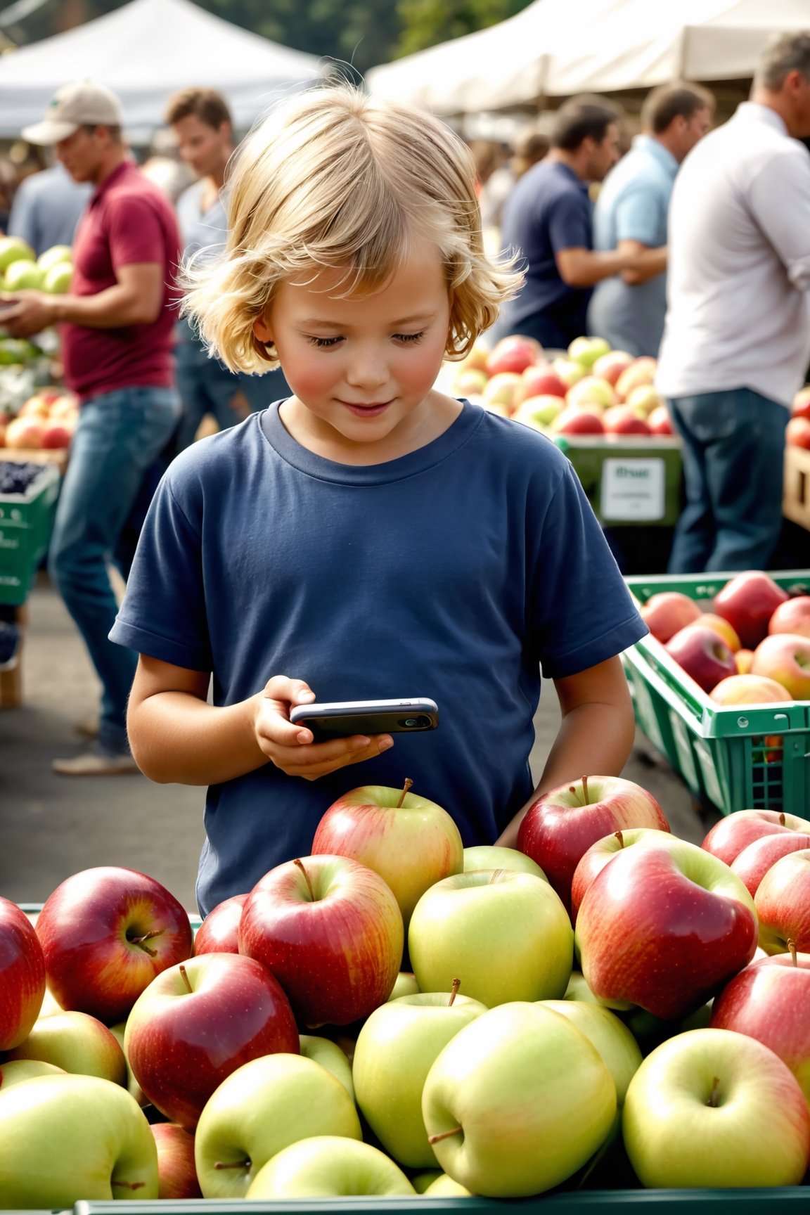 Imagine a visually striking scene at a lively farmers' market where a young kid is in the process of exchanging their iPhone for a fresh, crisp apple. The image should showcase the child's enthusiasm and the vendor's reaction, with other market-goers in the background, reflecting various emotions as they observe this unique and unexpected bartering scenario. The image should convey a sense of curiosity, surprise, and the contrast between modern technology and natural produce, masterpiece, photorealistic,nature