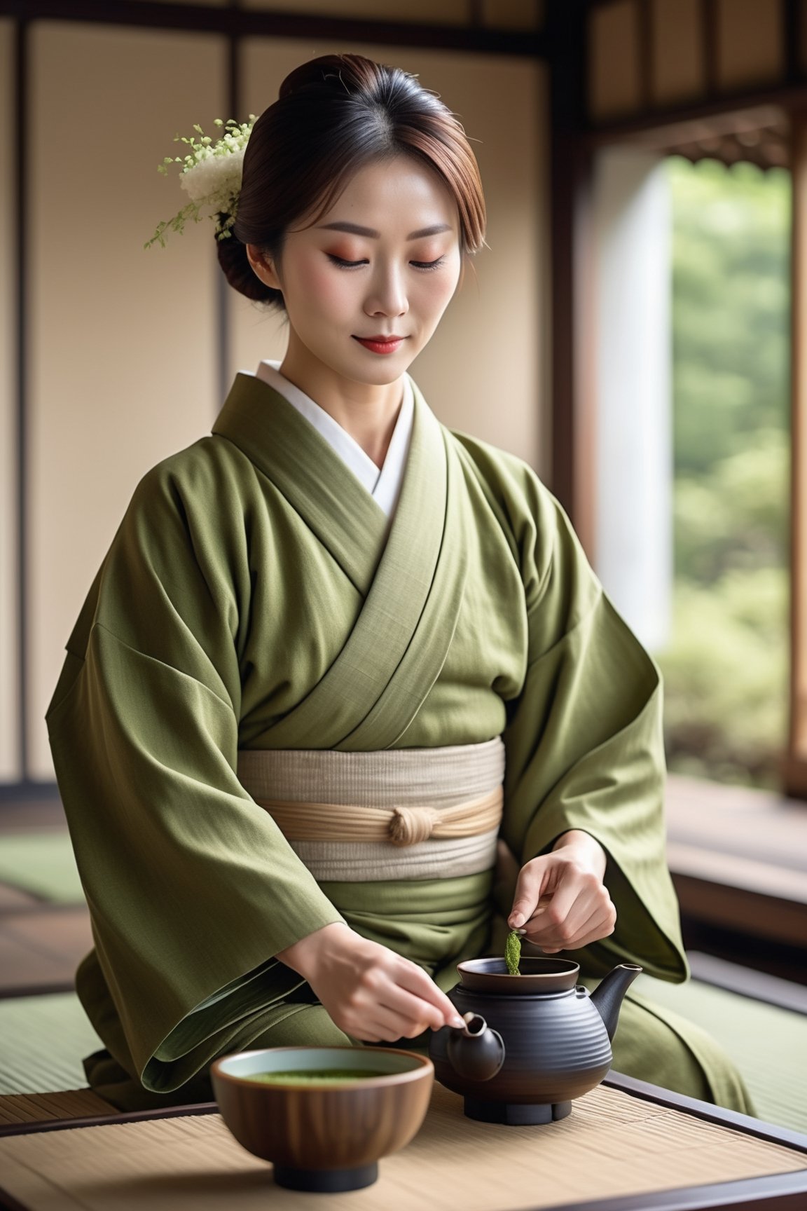 Generate a full body photo of the master of traditional tea ceremony in Japan serving matcha, inspired by Yuma Asami, sharp-focus, highly detailed, masterpiece, photorealistic, background of traditional tea house