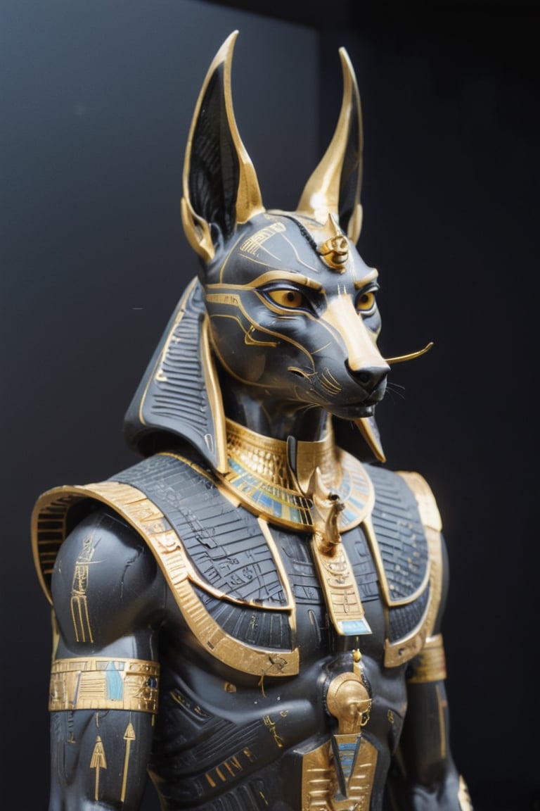 Masterpiece sculpture of Anubis "God of Death" in a futuristic reinterpretation, avant-Egyptian, The Monumental god figure is immensely complex and futuristic. Sculpted in black granite with an ultra smooth finish and gold inlays, modular, sacred hieroglyphs. Dark background with projected dim Egyptian symbology made of light. Grand and sober. Portrait shot, center focus, laser-cut, hyper-detail, Sci-fy, futuristic-avant-Egyptian. --no mockup, bad anatomy, text, signature, watermark, username, low resolution, worst quality, low quality, jpeg artefacts, blurry, cropped, badly framed