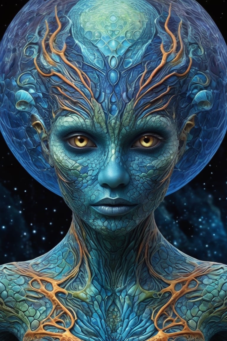 Photo of a beautiful austere-looking colorful majolica sea-creature with translucent scales emitting glowing cosmic energy and radiance with glowing fractal glass elements , she is levitating at a rock, full-moon background, 
 awe inspiring sense of beauty, flawless masterpiece, UHD,  hyperdetailed face,  hyperdetailed eyes, glowing mosaic tile elements, galaxy, 35mm digital photograph, sharp focus on eyes ,Monster,ColorART,  ultrarealistic hyperdetailed face 