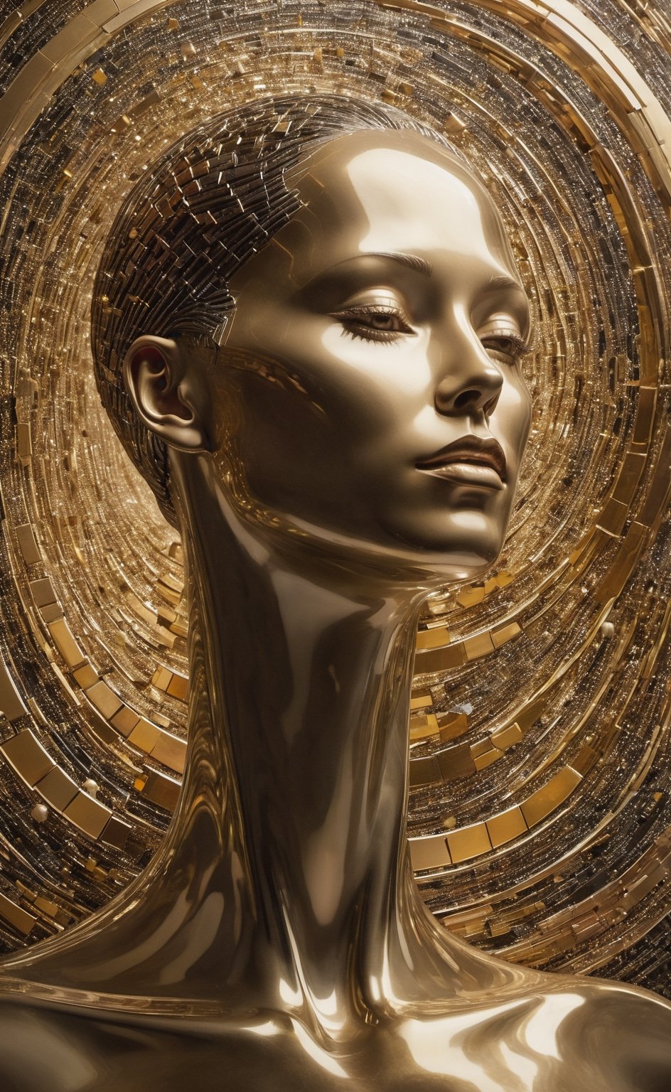 The human head consists of simple geometric shapes,square shapes,round form,spherical body、square shapes,Graphic illustration,closeup cleavage,In fantastic installation style,Realistic and imaginative,hang/hang,Multi-layered collage,metals、highlight,Radial,aw0k magnstyle