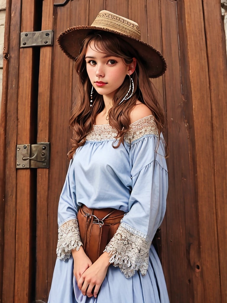 Inthe style of Milo Manara, a detailed portrait of Beautiful Argentina traditional gaucho girl shot, intricately detailed silver alpaca accesories, brown hat, full body, long brown hair, on a Buenos Aires Estancias forged iron entry gate