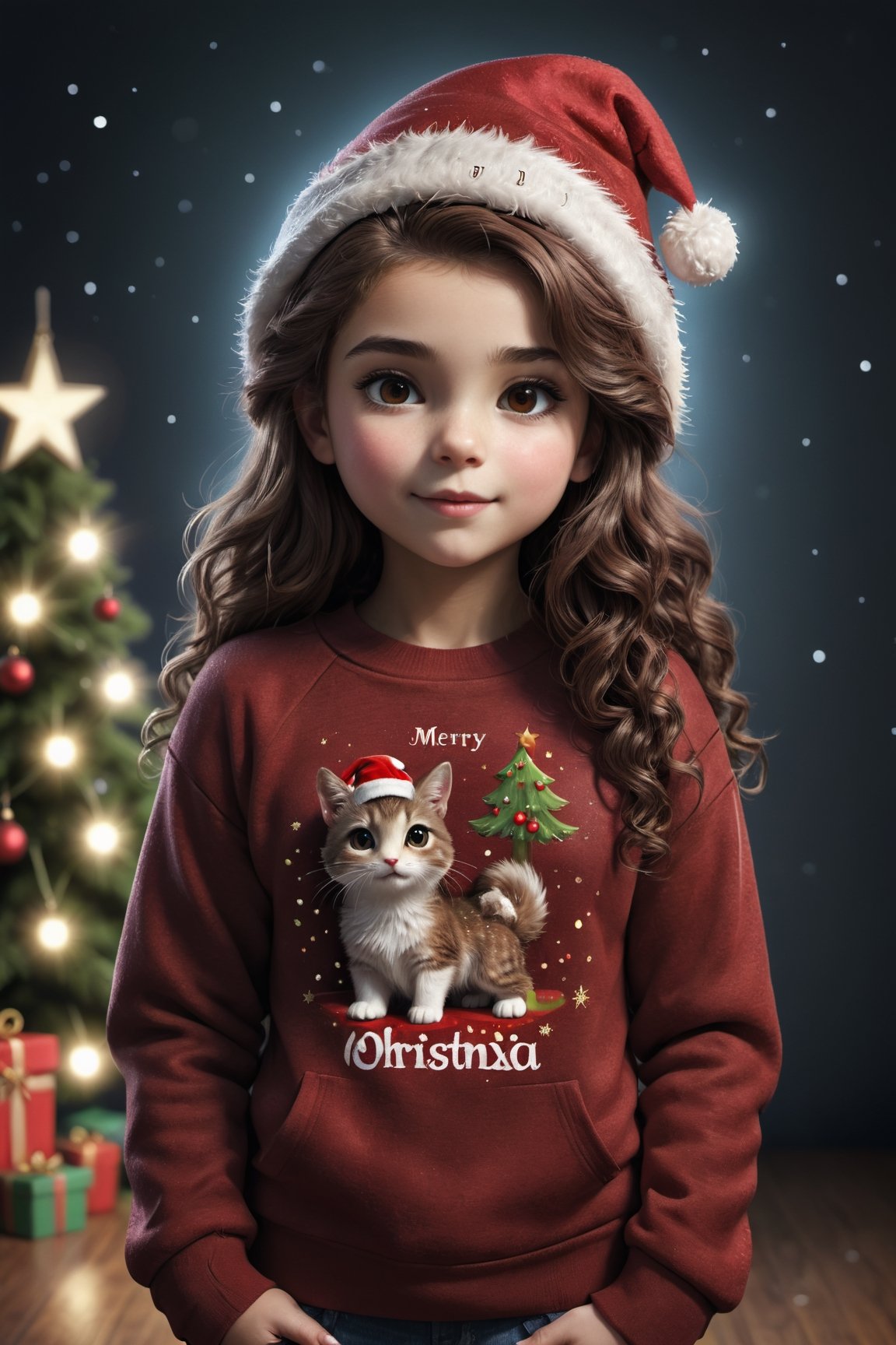 A hyperrealistic Cute cartoon style girl, tender and sweet. standing straight, looking to the front , dressed in a dark red fluffy sweatshirt with the , broun long curly hair, Christmas hat with in name osmary" rex colors and light sparkles. Name "ALEXIA"., typography, 3d render, painting, no background