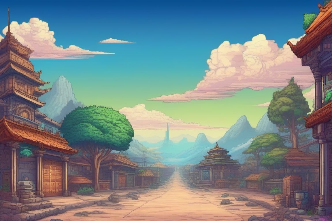 Fantasy world, 2D game background,  street fighter, insane details,  intricate details,  hyperdetailed,  hdr,  faded,  pixel art,  background,  landscape,  standing zone for walking near the camera,background