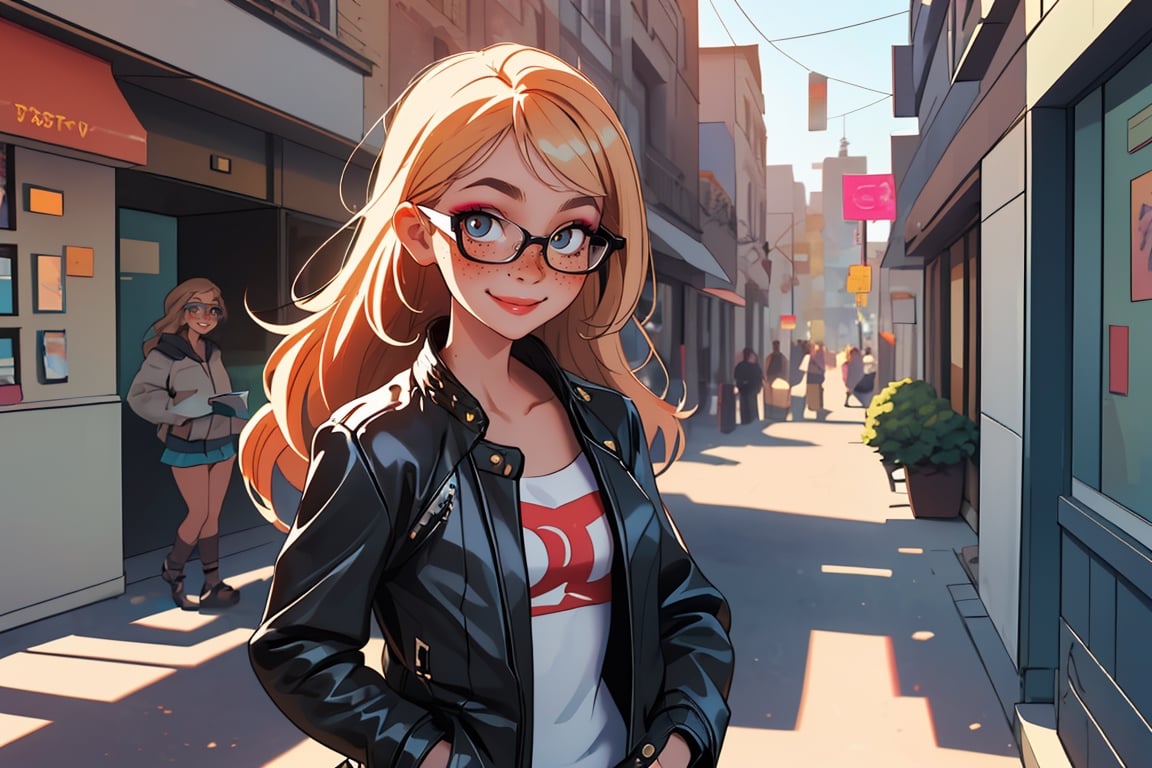 (best quality, masterpiece), 1girl, leather jacket,  makeup, hand in pocket, looking at viewer, seductive smile, freckles, street, , teacher with books wearing glasses, none background, 