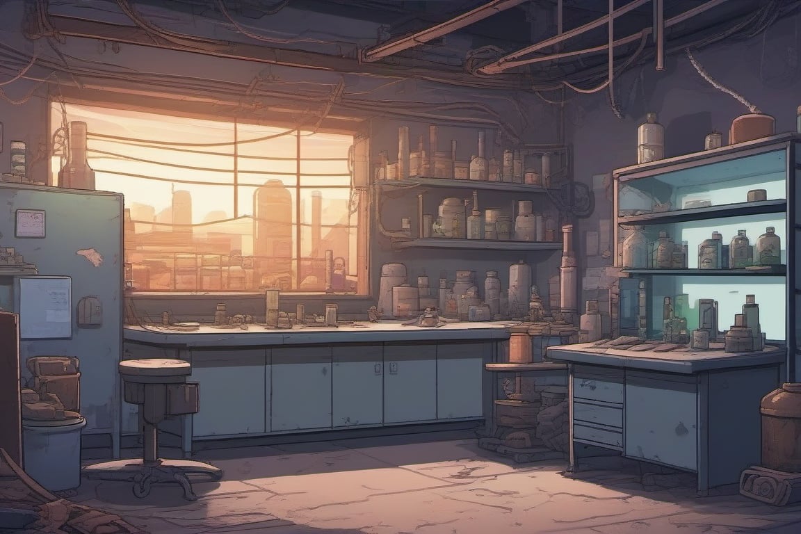 Devastated laboratory, 2D game background, street fighter, insane details,  intricate details,  hyperdetailed,  hdr,  faded,  pixel art,  background,  landscape,  standing zone for walking near the camera,background