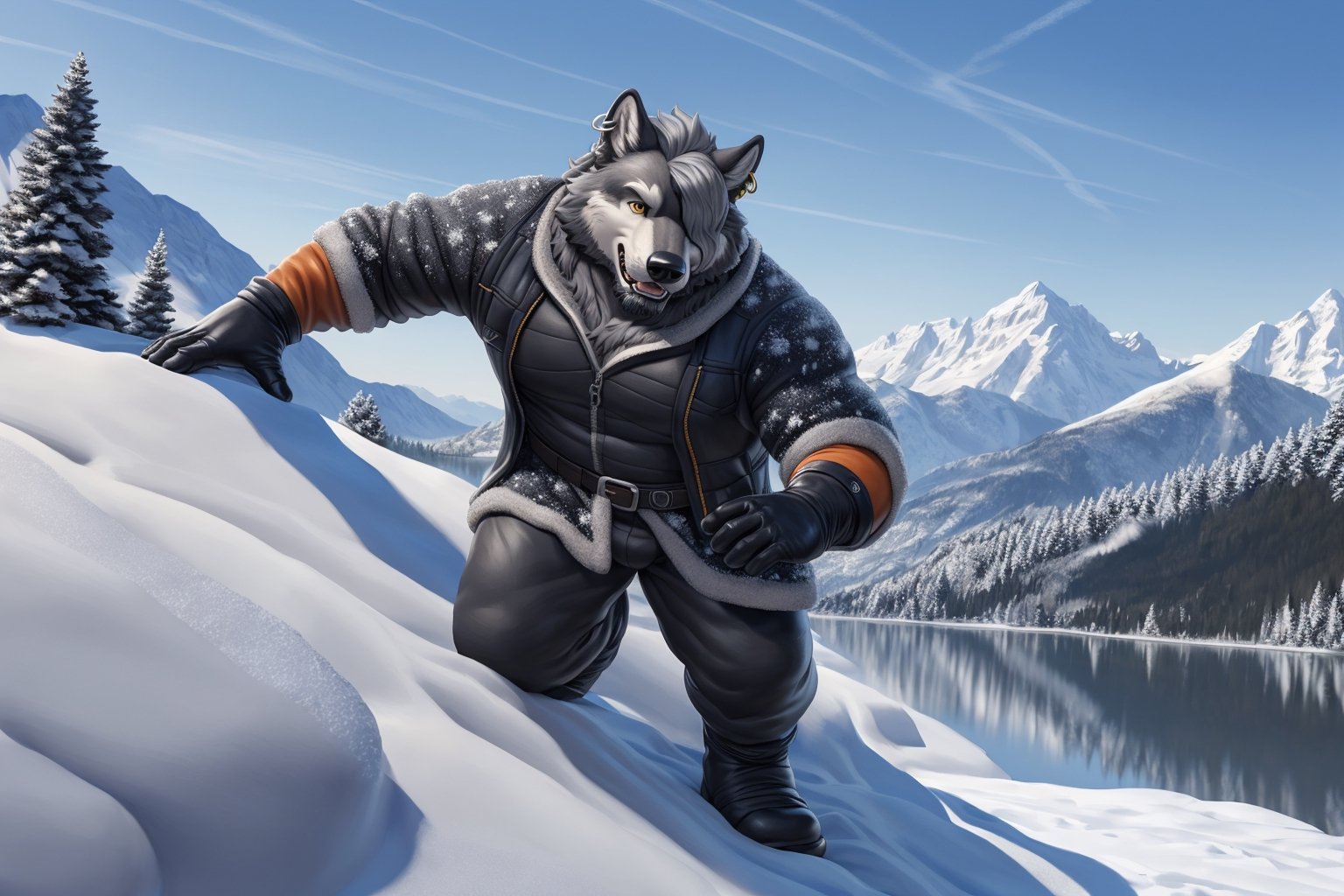 anthro, male, wolf, canine, canid, dad bod, solo, (black fur:1.5),(left ear ring:1.3),(gray hair over eye, gray beard:1.5),(yellow eyes),mature male, facial hair, (winter clothes, gloves:1.5), mountain background, happy, climbing, dynamic pose, (full body:1.3),(fluffy wolf tail), (realistic fur, fur, realistic fur texture), (photorealistic, hyper realistic, ultra detailed, ultra detailed background, octane render, soft lighting, ultra detailed), (by adios)