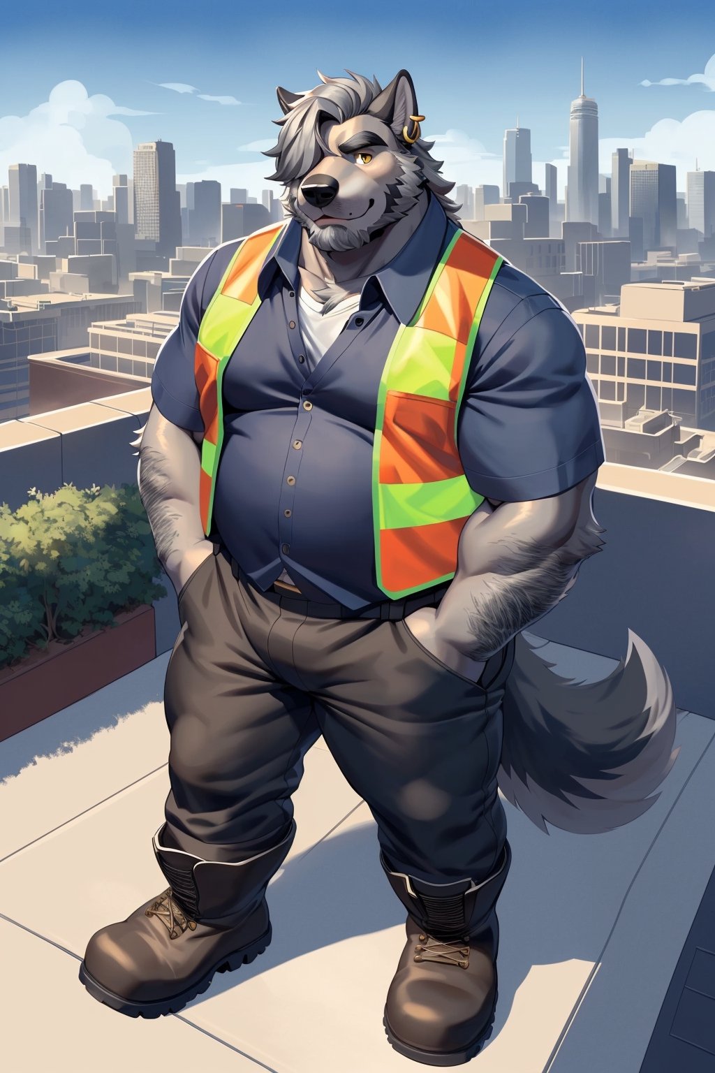 anthro, male, (wolf, canine, canid), dad bod, solo, (black fur:1.5),(left ear ring:1.3),(gray hair over eye, gray beard:1.5),(yellow eyes),mature male, facial hair, male, chubby, (mature male, manly), thick eyebrowns, standing, (Work Shirt, Work Pants, Work Boots, High-Visibility Vest:1.5), (rooftop garden, city skyline, lounge chairs, rooftop access door background), (by adios, by null-ghost), (hi res, best quality, high quality, detailed, shaded, outline, cel shading, shading, masterpiece:1.2)