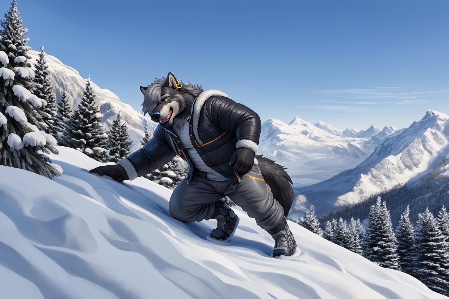 anthro, male, wolf, canine, canid, dad bod, solo, (black fur:1.5),(left ear ring:1.3),(gray hair over eye, gray beard:1.5),(yellow eyes),mature male, facial hair, (winter clothes:1.5), mountain background, happy, climbing, dynamic pose, (full body:1.3),(fluffy wolf tail), (realistic fur, fur, realistic fur texture), (photorealistic, hyper realistic, ultra detailed, ultra detailed background, octane render, soft lighting, ultra detailed), (by adios)