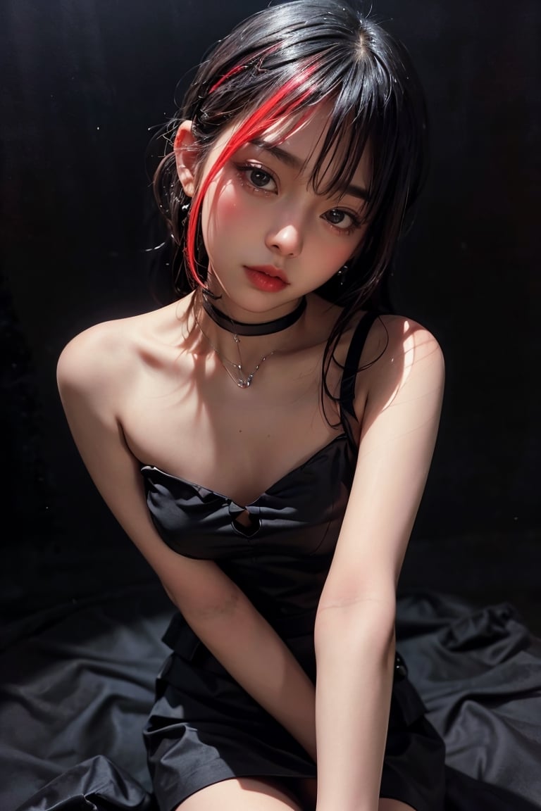 20 years old woman, (photorealistic:1.4, realistic), highly detailed CG unified 8K wallpapers, 1girl, (((slender body:0.8))), ((small breasts:0.7)), looking at viewer, (HQ skin:1.4), 8k uhd, dslr, soft lighting, high quality, film grain, Fujifilm XT3, ((close up shot:1.2)), (((black dress, black mini skirt))), ((simple background, black background)),b3rli,jiae,perfecteyes,japeruana