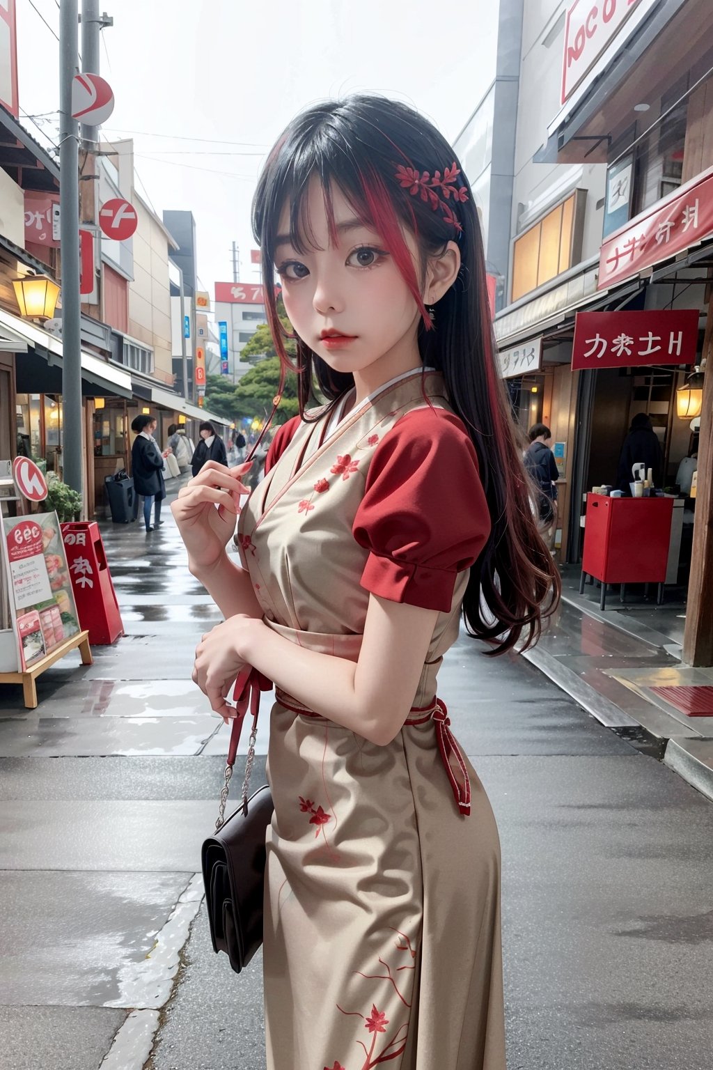 Hands,japeruana,girl, masterpiece,best quality, background city Japanese,dress (red fairy) ,(dress muted colours),