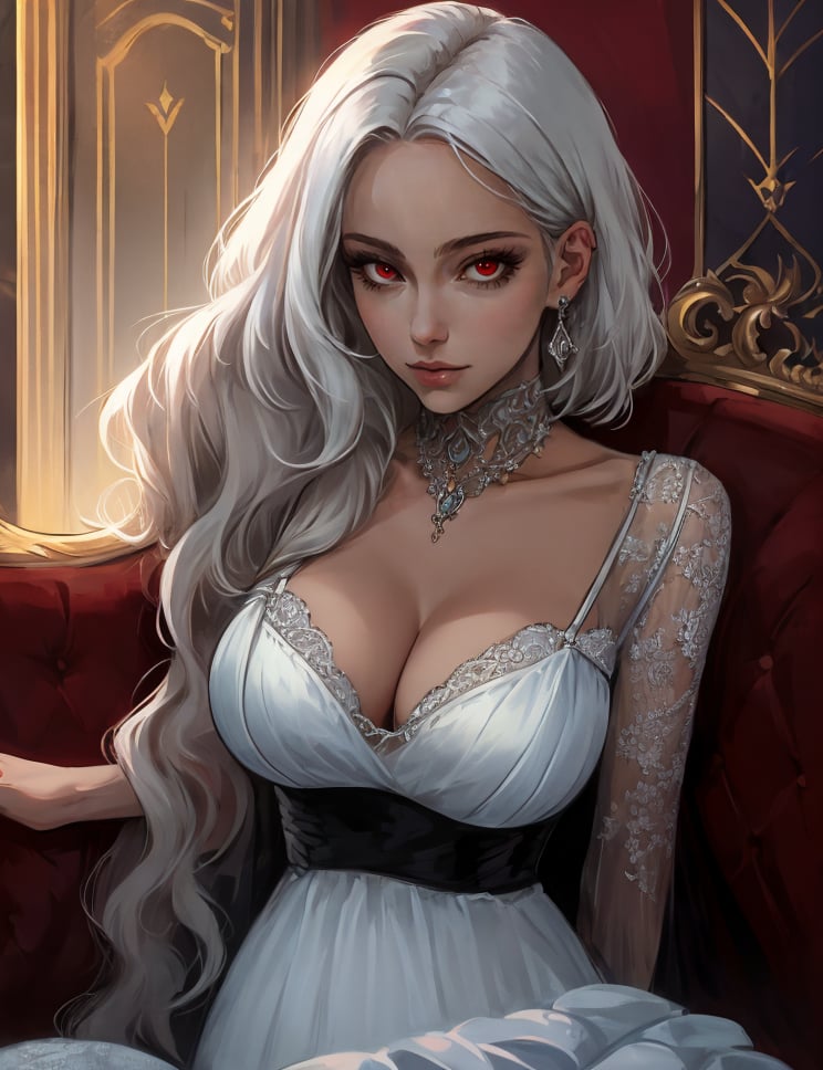 1girl, Gal, Tall, Narrow Hips, Long straight White Hair, red Eyes, Thin Lips, Wavy Layered Bob, firm breasts, Drop earrings, ballroom, detailed pupils, high quality, elegant female vampire countess attending ball at grand imperial castle,absurdres, laying on couch, bangs, detailed face, pov dating, girl 25 yo, solo, middle-aged, slut, gyaru, tight straps, 8k_uhd intricate_details